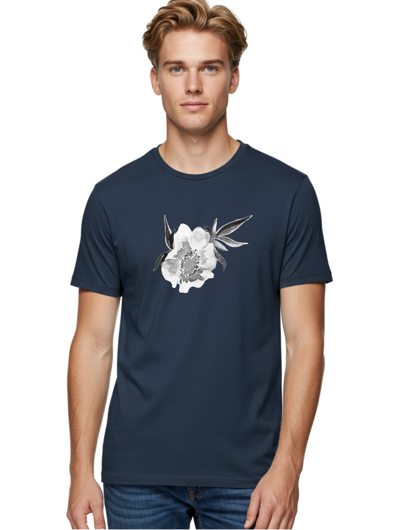Peony-Flower Men'S Graphic Tee, 100% Cotton, Comfortable Casual Summer Wear, Machine Washable, Black And White Peony, Watercolor Painting, Flower Illustration, Artistic Design, Botanical Art, Grayscale Flowers, Delicate Petals, Floral Pattern Aac343