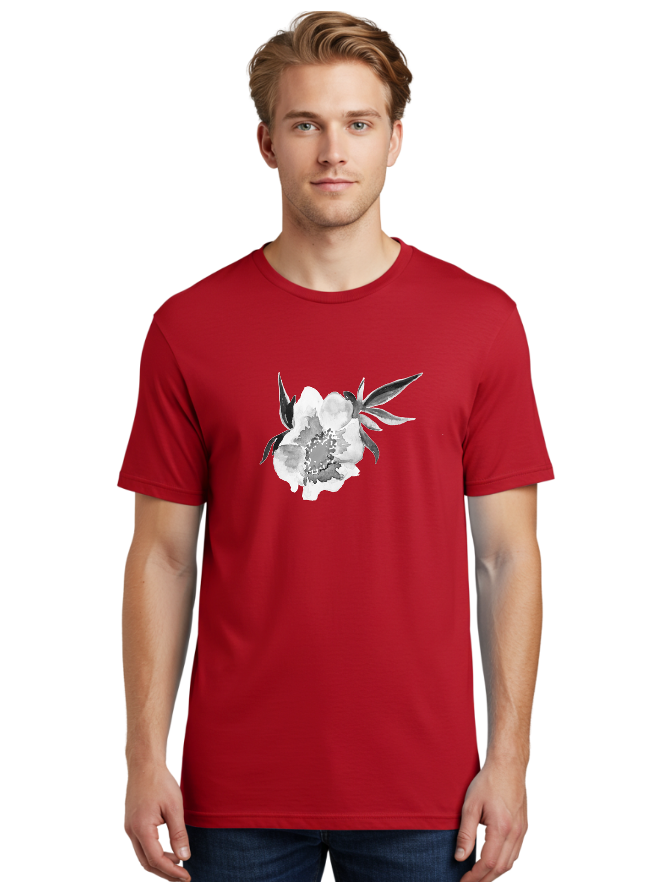 Peony-Flower Men'S Graphic Tee, 100% Cotton, Comfortable Casual Summer Wear, Machine Washable, Black And White Peony, Watercolor Painting, Flower Illustration, Artistic Design, Botanical Art, Grayscale Flowers, Delicate Petals, Floral Pattern Aac343