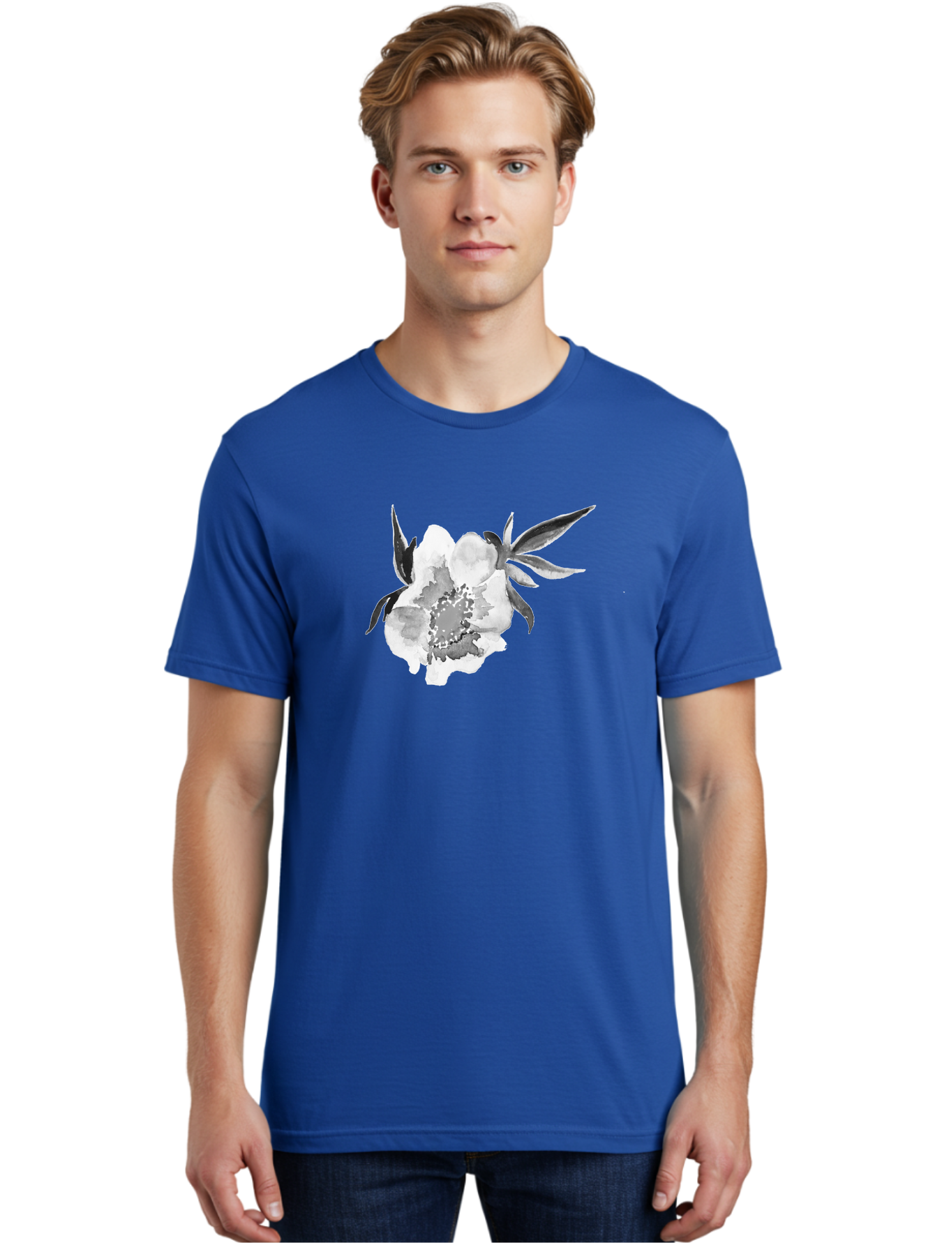 Peony-Flower Men'S Graphic Tee, 100% Cotton, Comfortable Casual Summer Wear, Machine Washable, Black And White Peony, Watercolor Painting, Flower Illustration, Artistic Design, Botanical Art, Grayscale Flowers, Delicate Petals, Floral Pattern Aac343