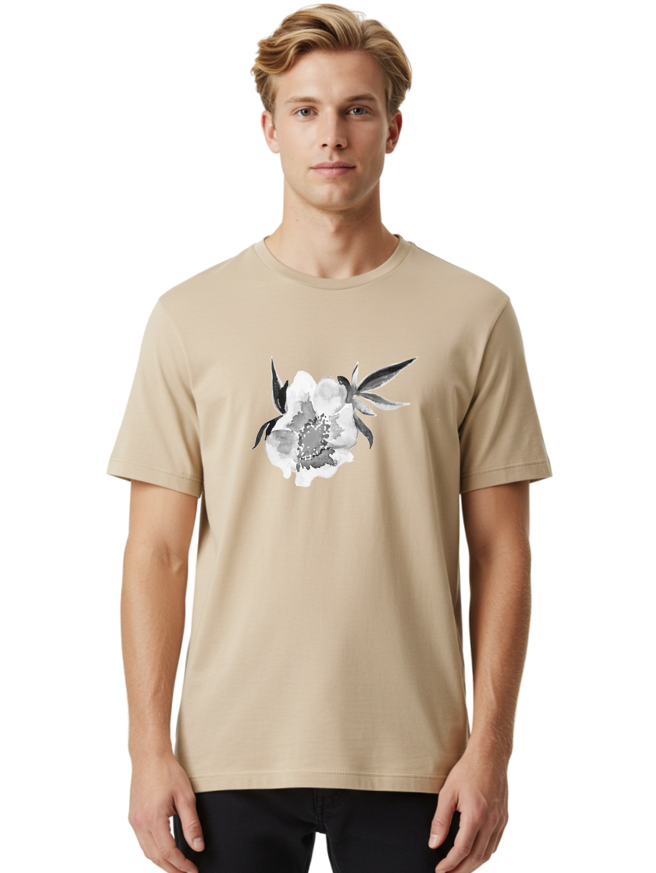 Peony-Flower Men'S Graphic Tee, 100% Cotton, Comfortable Casual Summer Wear, Machine Washable, Black And White Peony, Watercolor Painting, Flower Illustration, Artistic Design, Botanical Art, Grayscale Flowers, Delicate Petals, Floral Pattern Aac343