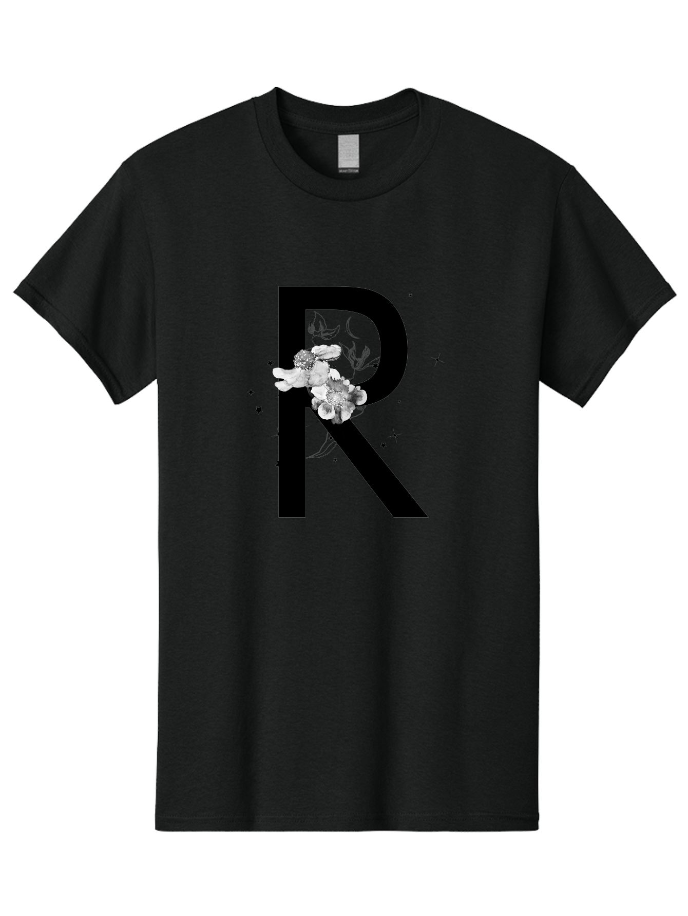 R Men'S Graphic Tee, 100% Cotton, Comfortable Casual Summer Wear, Machine Washable, Black Letter R, Floral Design, White Flowers, Botanical Elements, Moon Phase, Stars, Elegant Typography, Decorative Art, Lettering, Feminine Touch, Aac345
