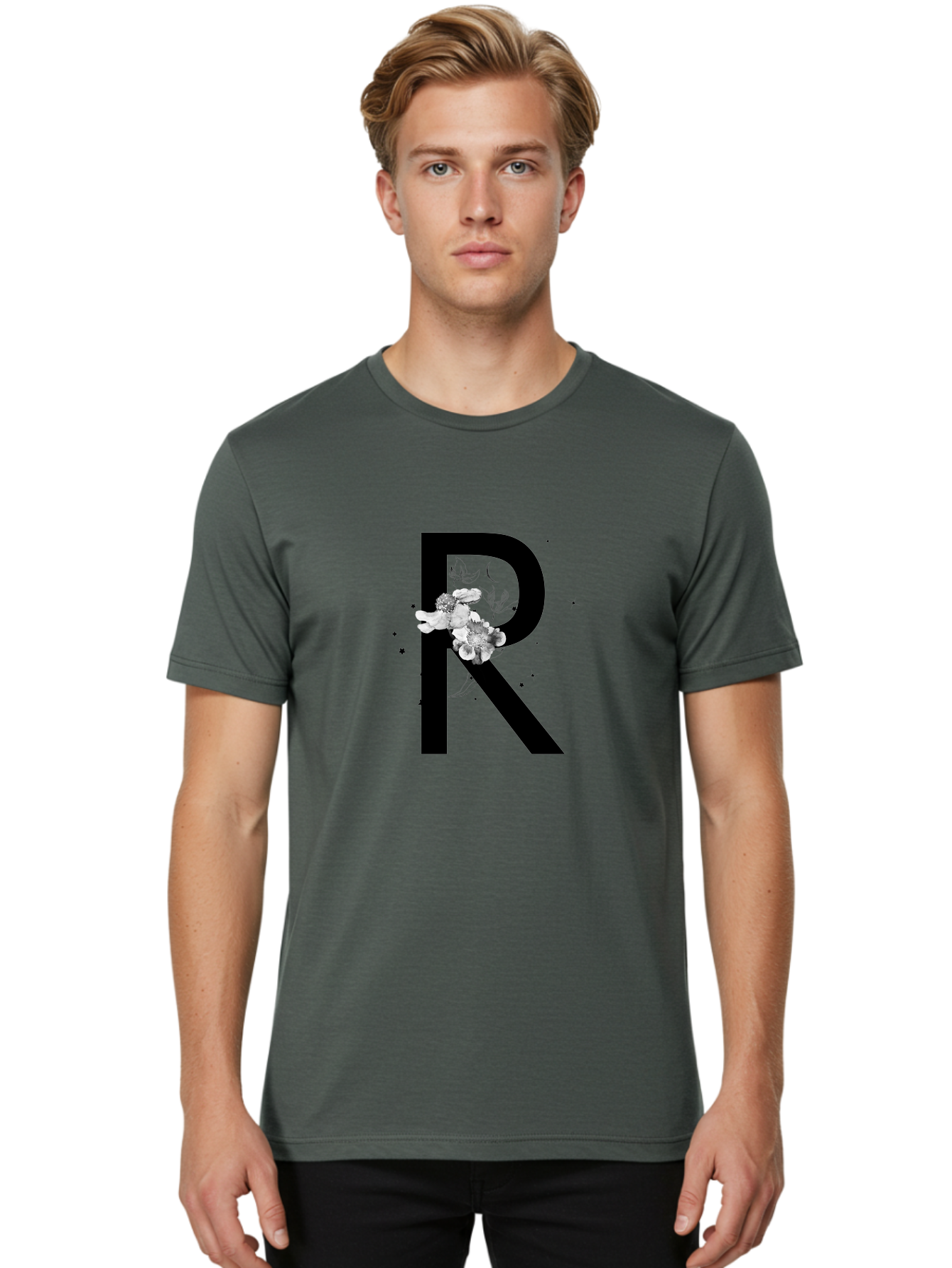 R Men'S Graphic Tee, 100% Cotton, Comfortable Casual Summer Wear, Machine Washable, Black Letter R, Floral Design, White Flowers, Botanical Elements, Moon Phase, Stars, Elegant Typography, Decorative Art, Lettering, Feminine Touch, Aac345