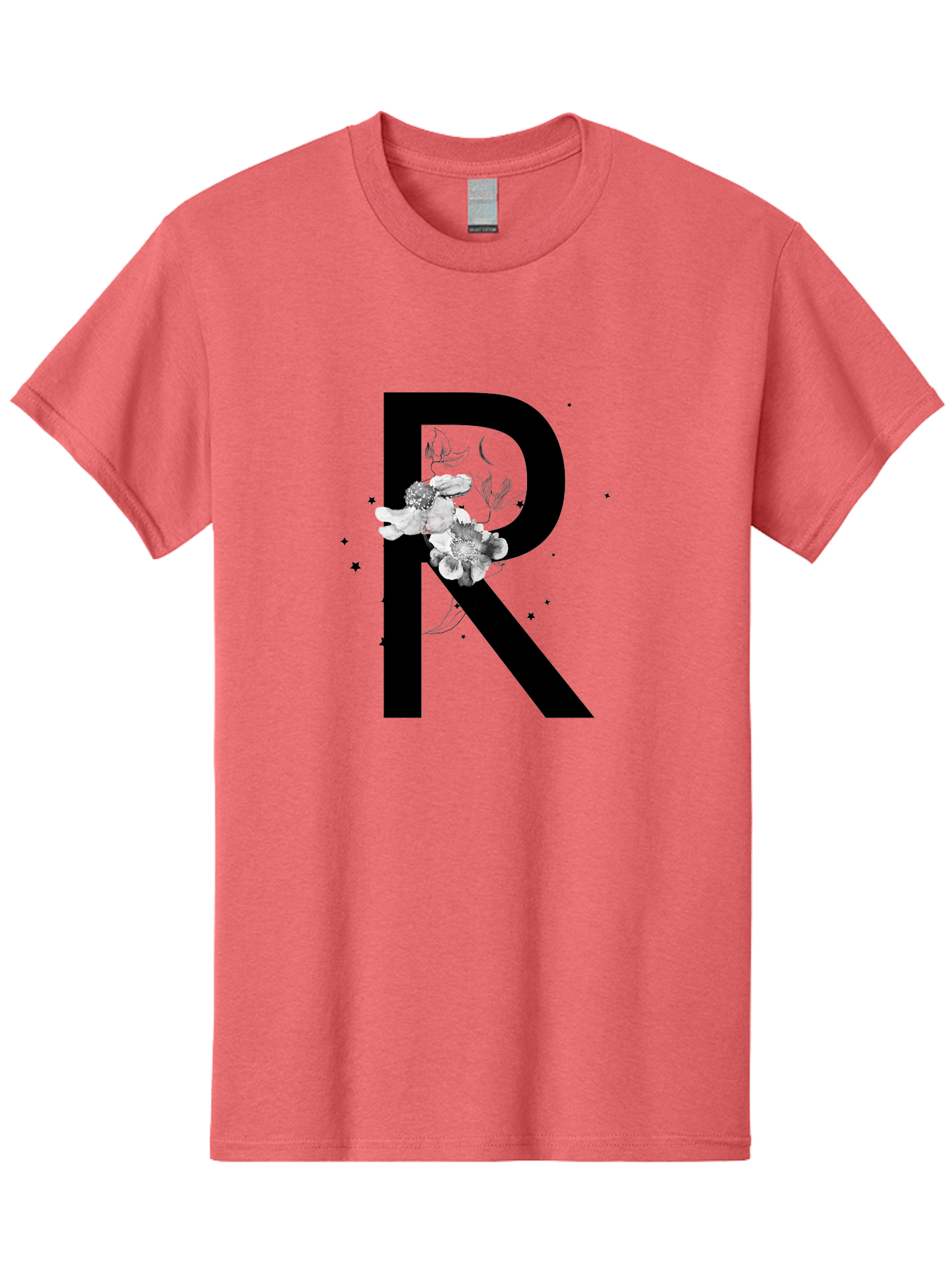 R Men'S Graphic Tee, 100% Cotton, Comfortable Casual Summer Wear, Machine Washable, Black Letter R, Floral Design, White Flowers, Botanical Elements, Moon Phase, Stars, Elegant Typography, Decorative Art, Lettering, Feminine Touch, Aac345