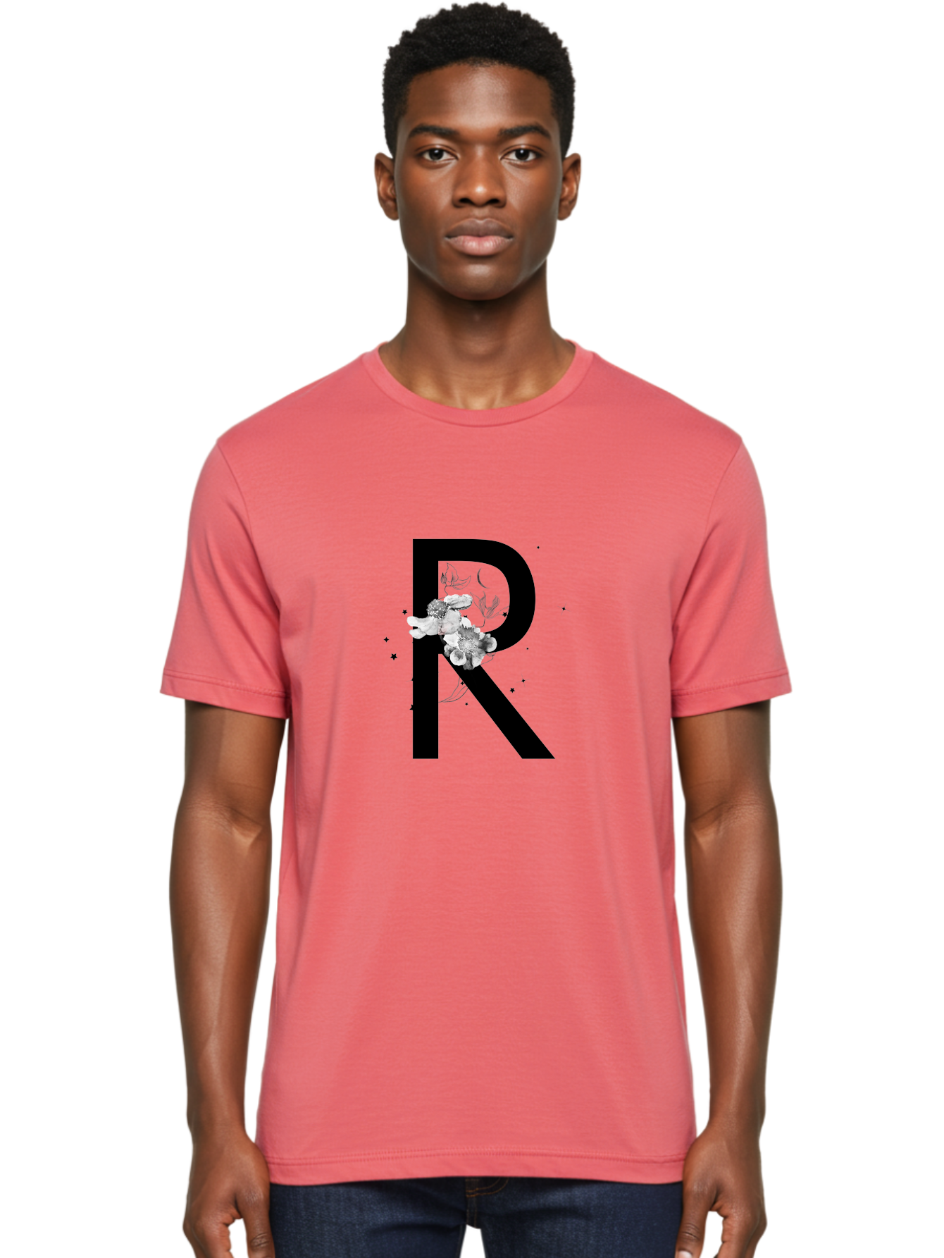 R Men'S Graphic Tee, 100% Cotton, Comfortable Casual Summer Wear, Machine Washable, Black Letter R, Floral Design, White Flowers, Botanical Elements, Moon Phase, Stars, Elegant Typography, Decorative Art, Lettering, Feminine Touch, Aac345