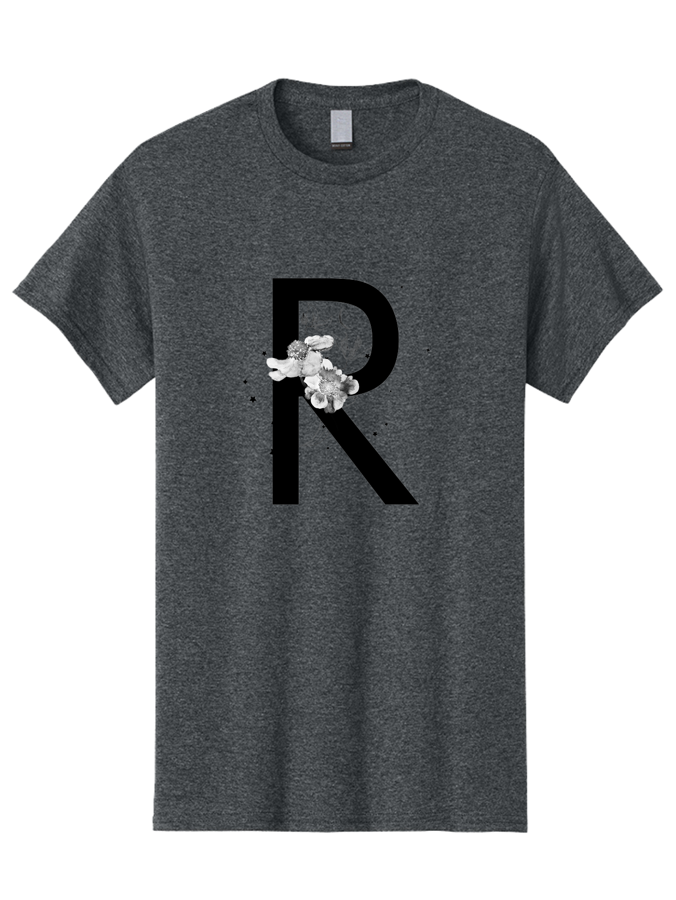 R Men'S Graphic Tee, 100% Cotton, Comfortable Casual Summer Wear, Machine Washable, Black Letter R, Floral Design, White Flowers, Botanical Elements, Moon Phase, Stars, Elegant Typography, Decorative Art, Lettering, Feminine Touch, Aac345