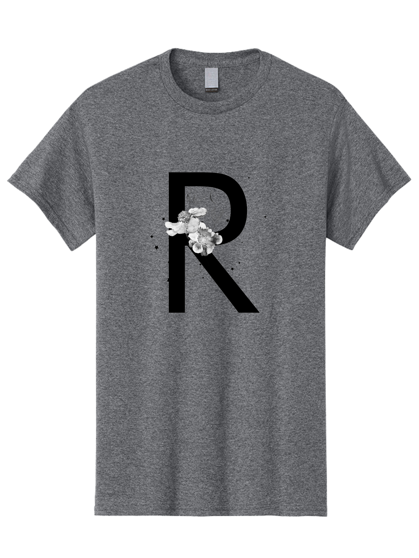 R Men'S Graphic Tee, 100% Cotton, Comfortable Casual Summer Wear, Machine Washable, Black Letter R, Floral Design, White Flowers, Botanical Elements, Moon Phase, Stars, Elegant Typography, Decorative Art, Lettering, Feminine Touch, Aac345