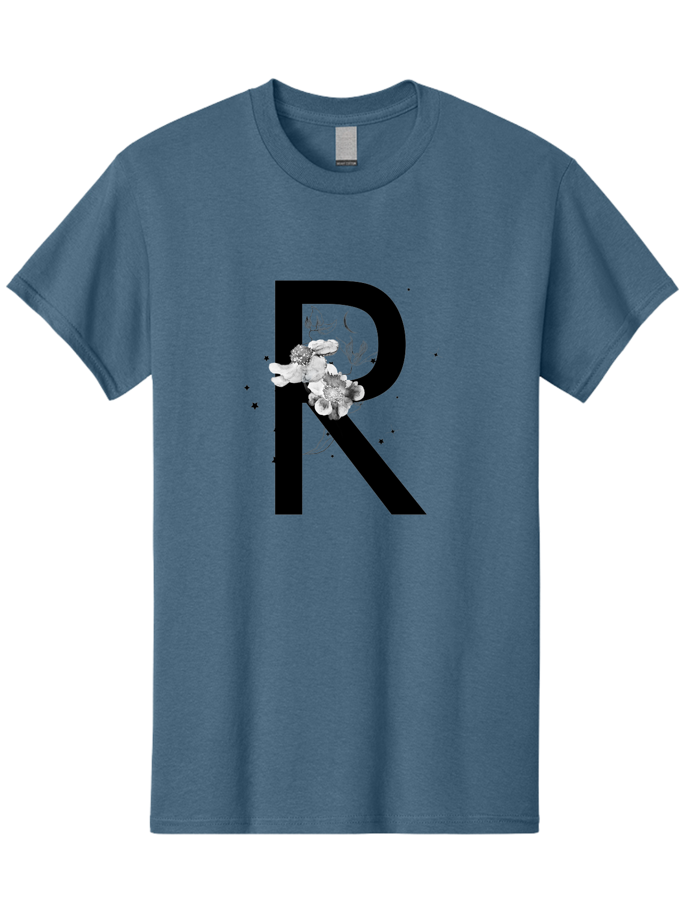 R Men'S Graphic Tee, 100% Cotton, Comfortable Casual Summer Wear, Machine Washable, Black Letter R, Floral Design, White Flowers, Botanical Elements, Moon Phase, Stars, Elegant Typography, Decorative Art, Lettering, Feminine Touch, Aac345
