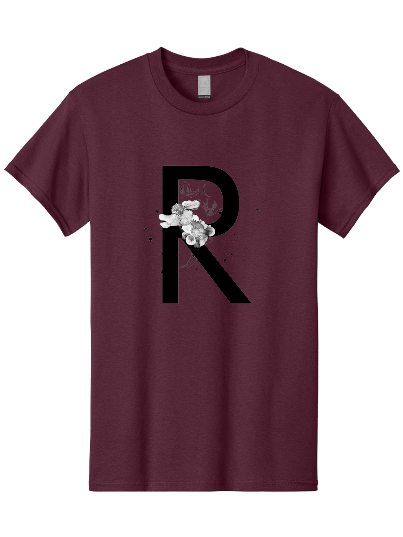 R Men'S Graphic Tee, 100% Cotton, Comfortable Casual Summer Wear, Machine Washable, Black Letter R, Floral Design, White Flowers, Botanical Elements, Moon Phase, Stars, Elegant Typography, Decorative Art, Lettering, Feminine Touch, Aac345
