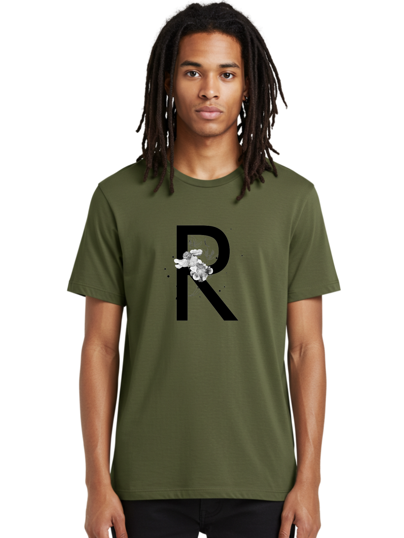 R Men'S Graphic Tee, 100% Cotton, Comfortable Casual Summer Wear, Machine Washable, Black Letter R, Floral Design, White Flowers, Botanical Elements, Moon Phase, Stars, Elegant Typography, Decorative Art, Lettering, Feminine Touch, Aac345