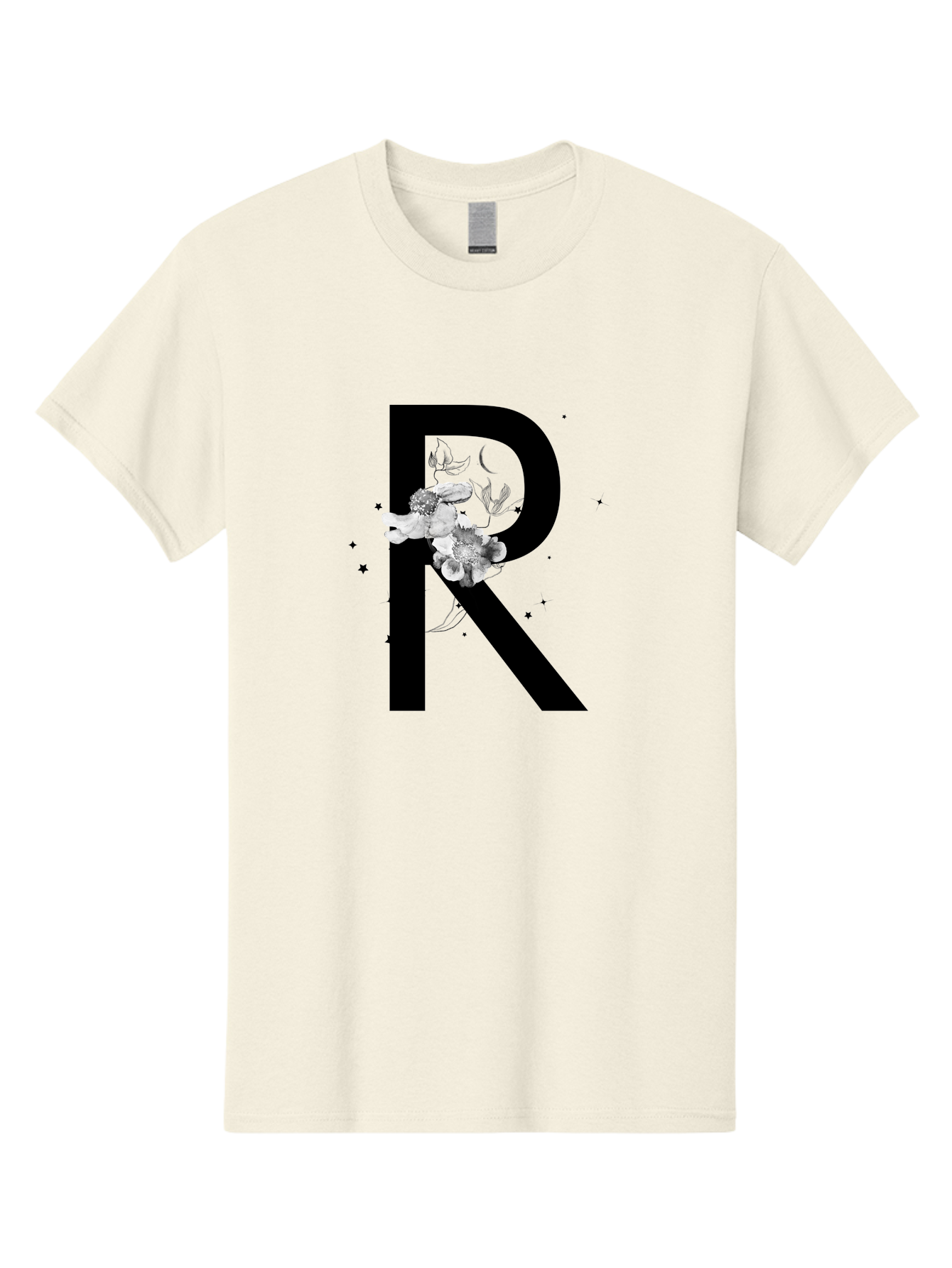 R Men'S Graphic Tee, 100% Cotton, Comfortable Casual Summer Wear, Machine Washable, Black Letter R, Floral Design, White Flowers, Botanical Elements, Moon Phase, Stars, Elegant Typography, Decorative Art, Lettering, Feminine Touch, Aac345