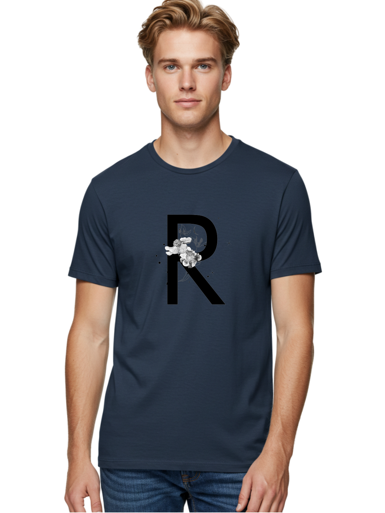 R Men'S Graphic Tee, 100% Cotton, Comfortable Casual Summer Wear, Machine Washable, Black Letter R, Floral Design, White Flowers, Botanical Elements, Moon Phase, Stars, Elegant Typography, Decorative Art, Lettering, Feminine Touch, Aac345
