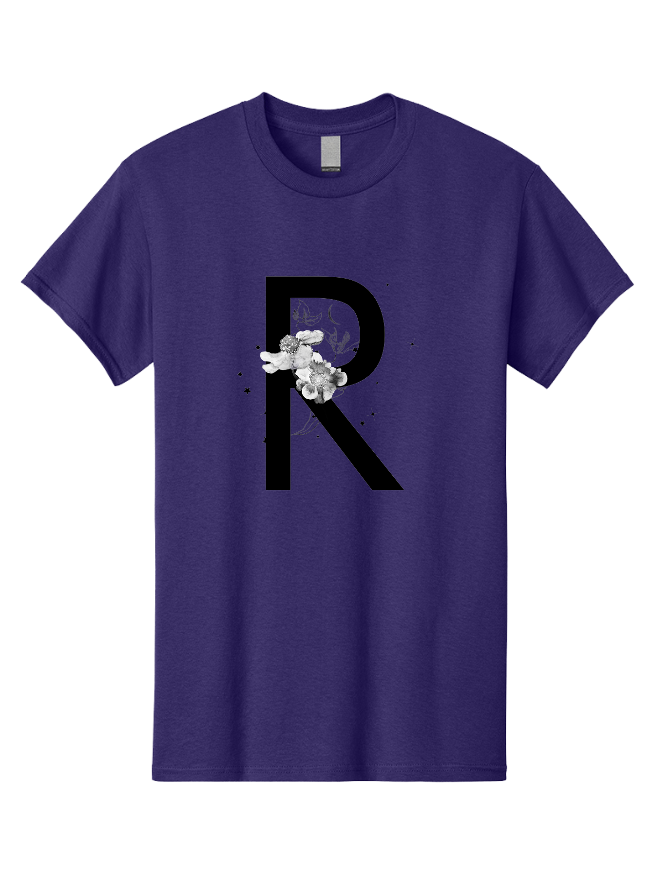 R Men'S Graphic Tee, 100% Cotton, Comfortable Casual Summer Wear, Machine Washable, Black Letter R, Floral Design, White Flowers, Botanical Elements, Moon Phase, Stars, Elegant Typography, Decorative Art, Lettering, Feminine Touch, Aac345