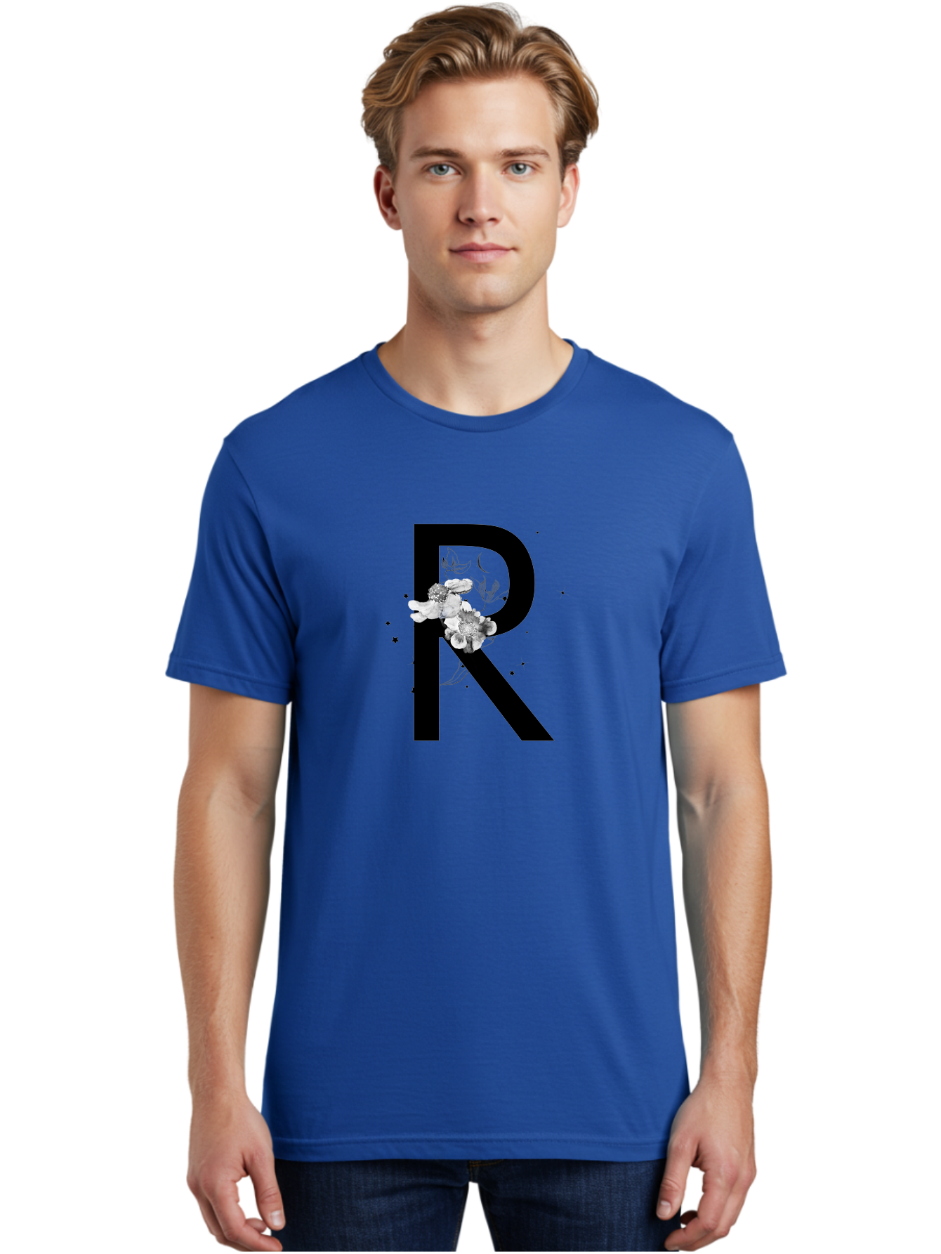 R Men'S Graphic Tee, 100% Cotton, Comfortable Casual Summer Wear, Machine Washable, Black Letter R, Floral Design, White Flowers, Botanical Elements, Moon Phase, Stars, Elegant Typography, Decorative Art, Lettering, Feminine Touch, Aac345