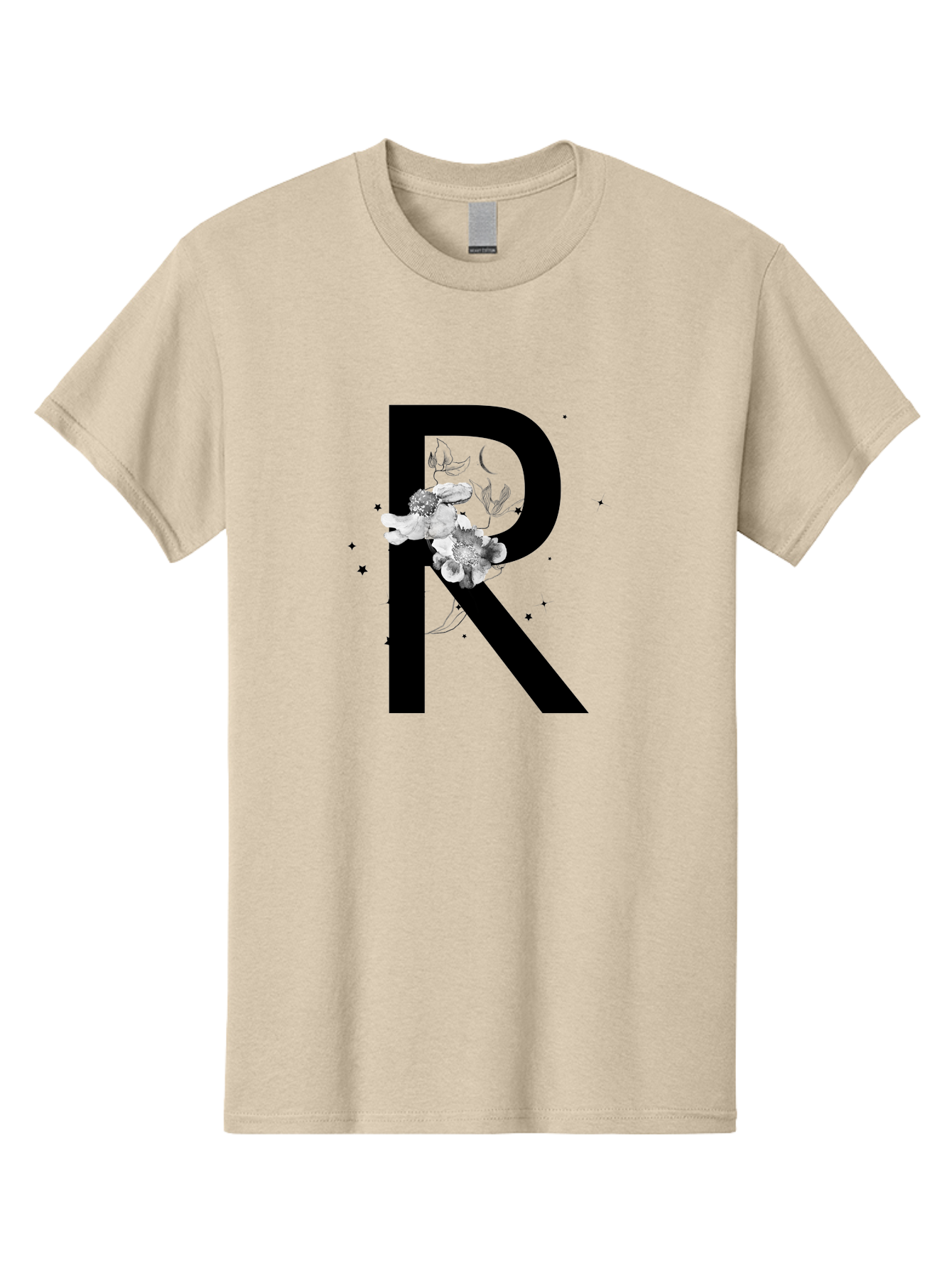 R Men'S Graphic Tee, 100% Cotton, Comfortable Casual Summer Wear, Machine Washable, Black Letter R, Floral Design, White Flowers, Botanical Elements, Moon Phase, Stars, Elegant Typography, Decorative Art, Lettering, Feminine Touch, Aac345