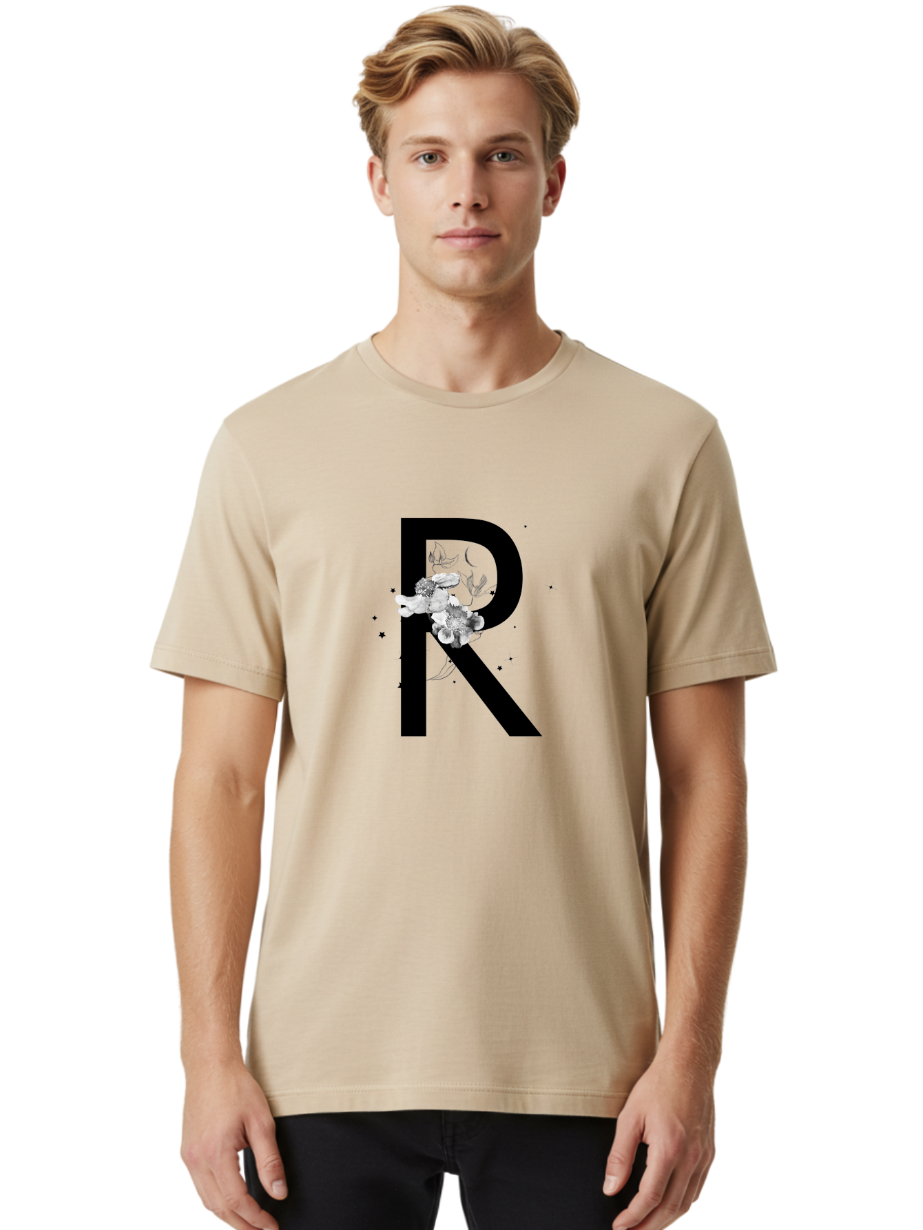 R Men'S Graphic Tee, 100% Cotton, Comfortable Casual Summer Wear, Machine Washable, Black Letter R, Floral Design, White Flowers, Botanical Elements, Moon Phase, Stars, Elegant Typography, Decorative Art, Lettering, Feminine Touch, Aac345