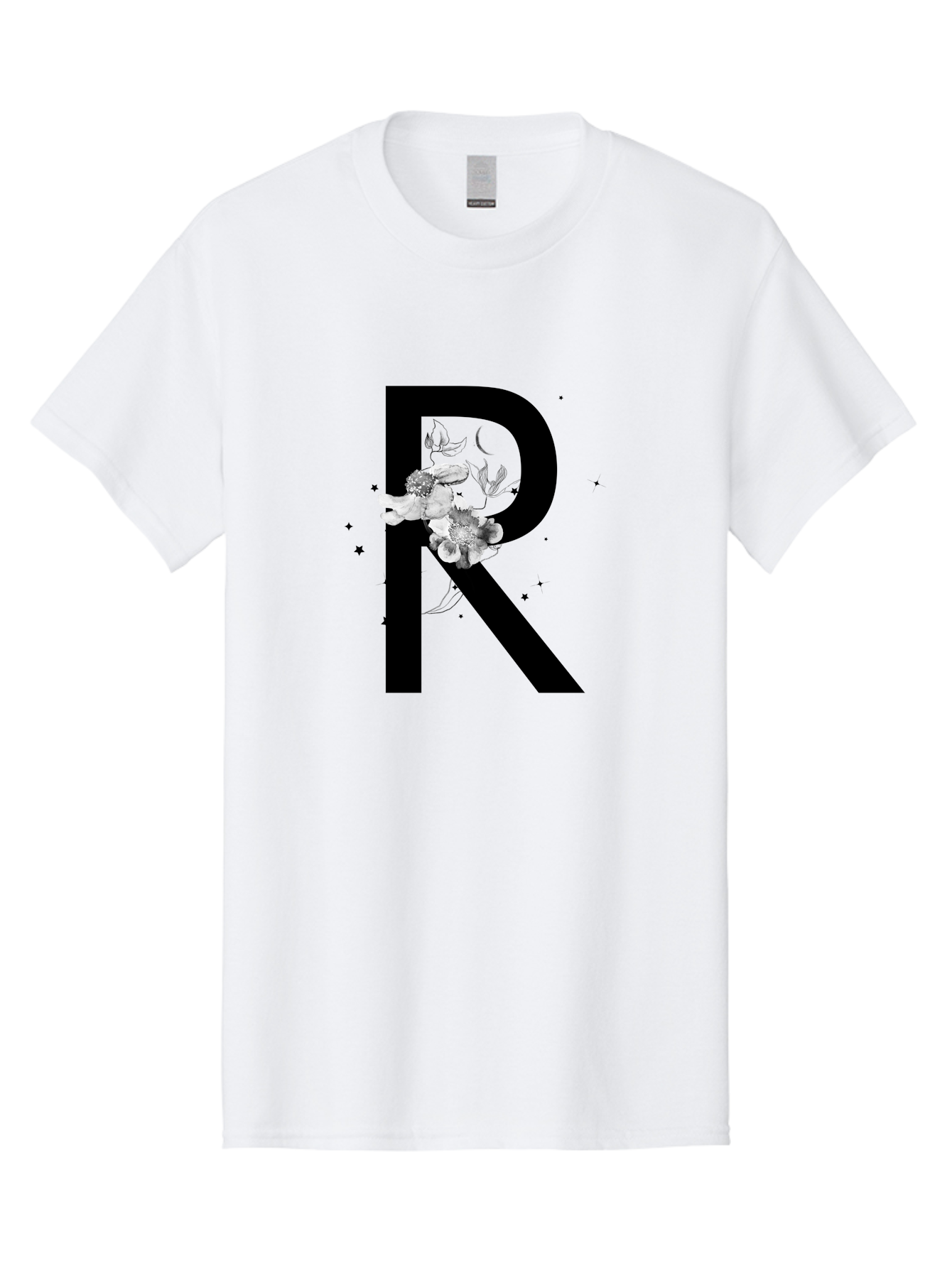 R Men'S Graphic Tee, 100% Cotton, Comfortable Casual Summer Wear, Machine Washable, Black Letter R, Floral Design, White Flowers, Botanical Elements, Moon Phase, Stars, Elegant Typography, Decorative Art, Lettering, Feminine Touch, Aac345