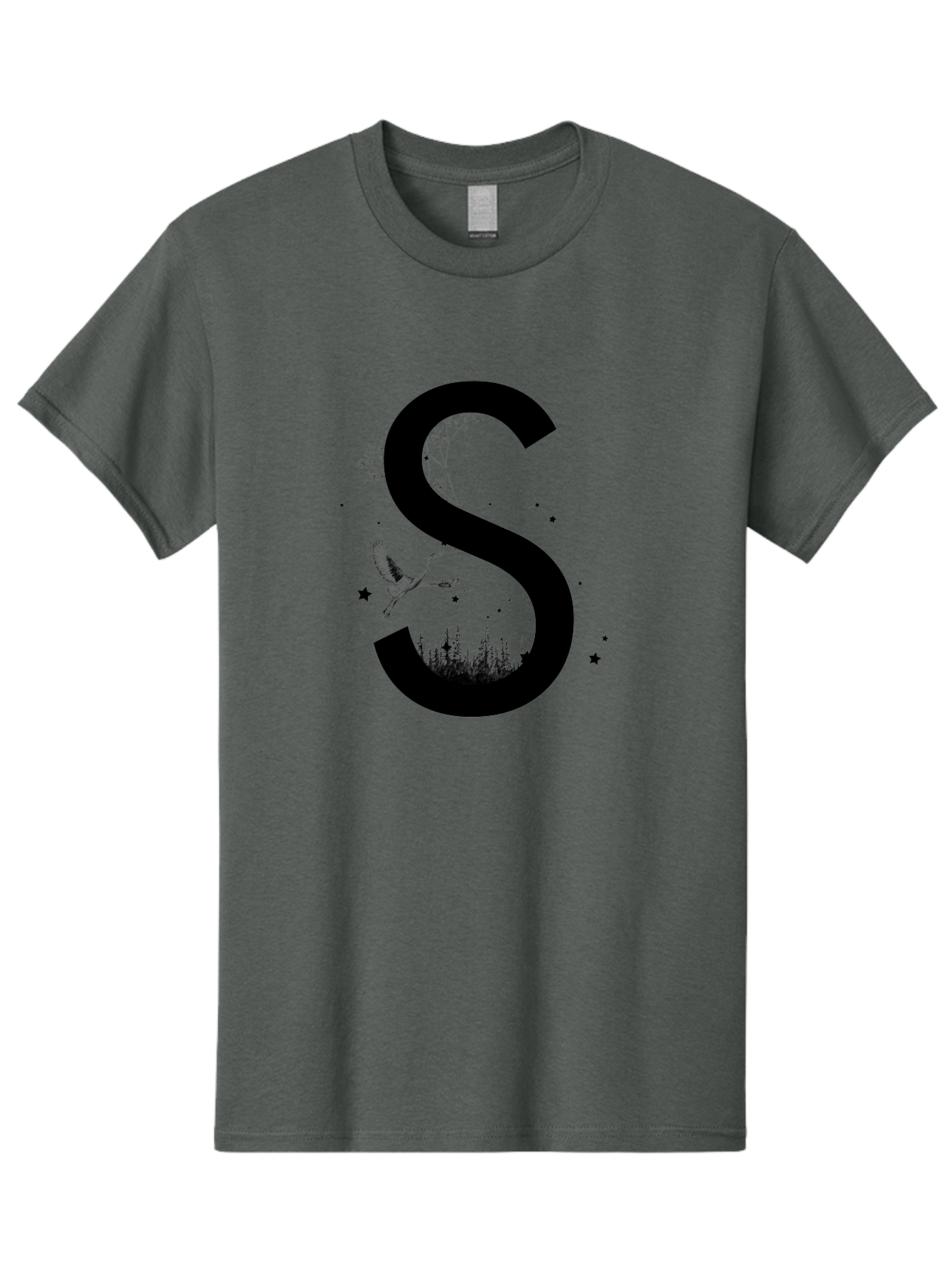 S Men'S Graphic Tee, 100% Cotton, Comfortable Casual Summer Wear, Machine Washable, Stylized Letter S, Witch On A Broomstick, Forest Landscape, Flying Bird, Mystical Stars, Whimsical Design, Fantasy Elements, Magical Atmosphere, Aac348