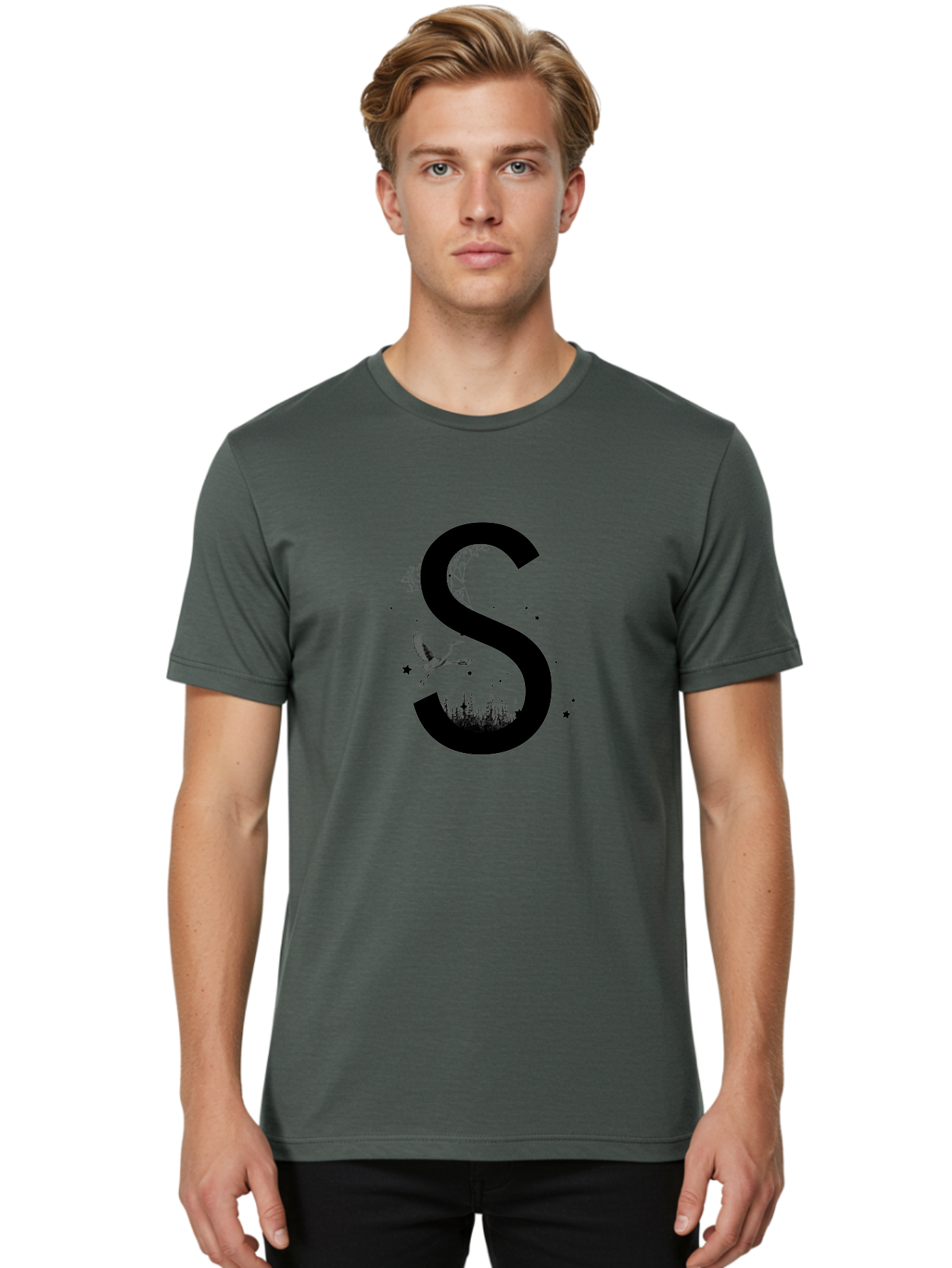 S Men'S Graphic Tee, 100% Cotton, Comfortable Casual Summer Wear, Machine Washable, Stylized Letter S, Witch On A Broomstick, Forest Landscape, Flying Bird, Mystical Stars, Whimsical Design, Fantasy Elements, Magical Atmosphere, Aac348