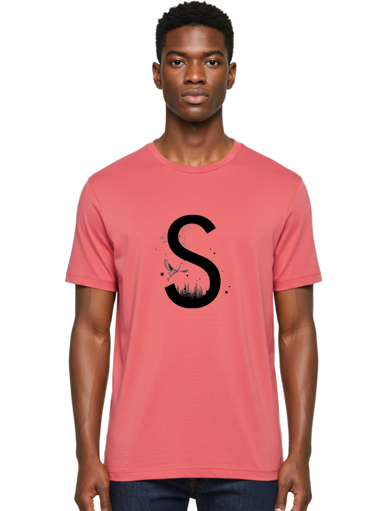 S Men'S Graphic Tee, 100% Cotton, Comfortable Casual Summer Wear, Machine Washable, Stylized Letter S, Witch On A Broomstick, Forest Landscape, Flying Bird, Mystical Stars, Whimsical Design, Fantasy Elements, Magical Atmosphere, Aac348