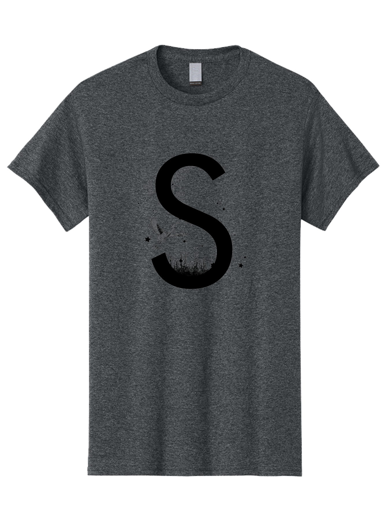 S Men'S Graphic Tee, 100% Cotton, Comfortable Casual Summer Wear, Machine Washable, Stylized Letter S, Witch On A Broomstick, Forest Landscape, Flying Bird, Mystical Stars, Whimsical Design, Fantasy Elements, Magical Atmosphere, Aac348