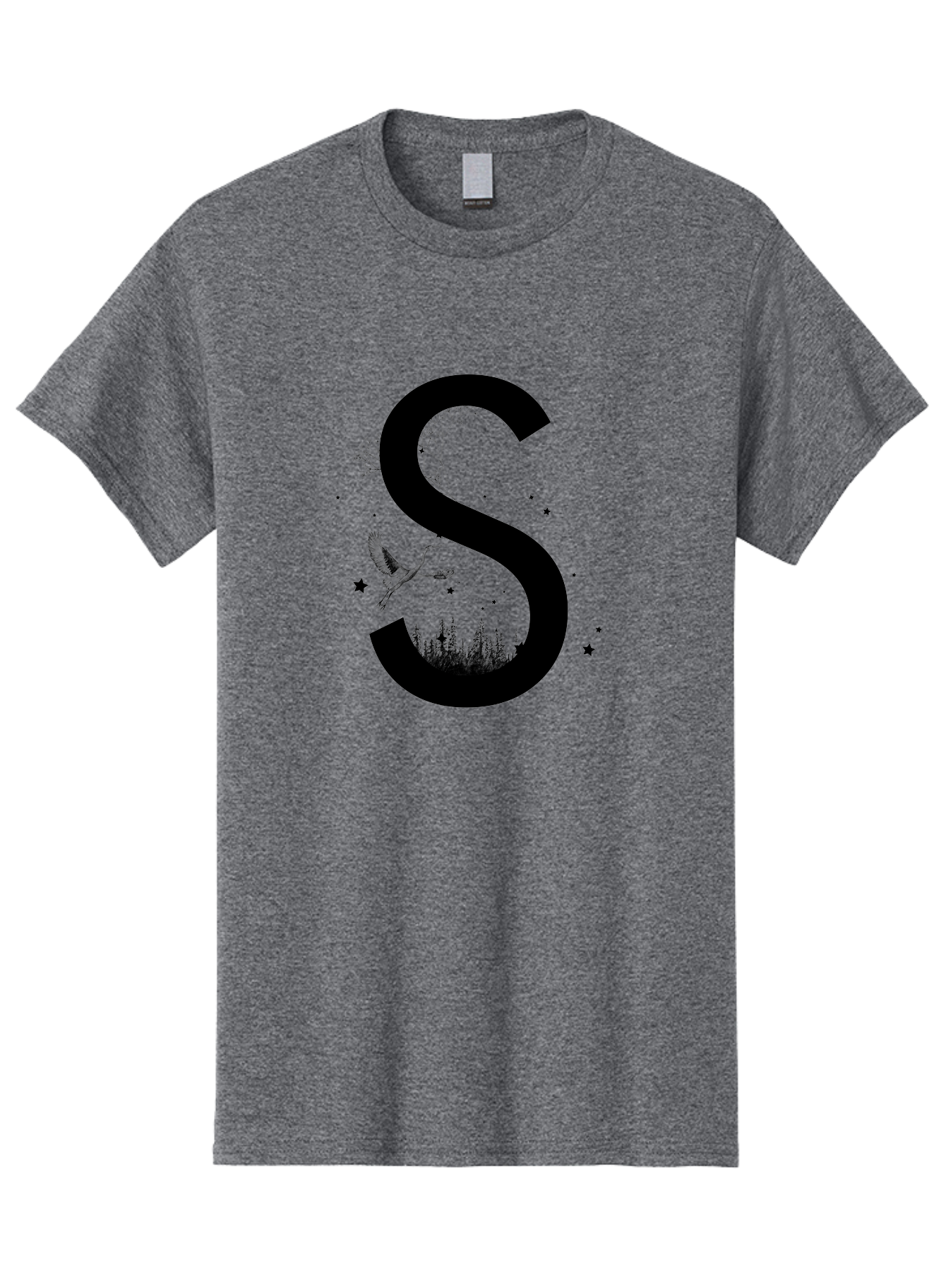 S Men'S Graphic Tee, 100% Cotton, Comfortable Casual Summer Wear, Machine Washable, Stylized Letter S, Witch On A Broomstick, Forest Landscape, Flying Bird, Mystical Stars, Whimsical Design, Fantasy Elements, Magical Atmosphere, Aac348