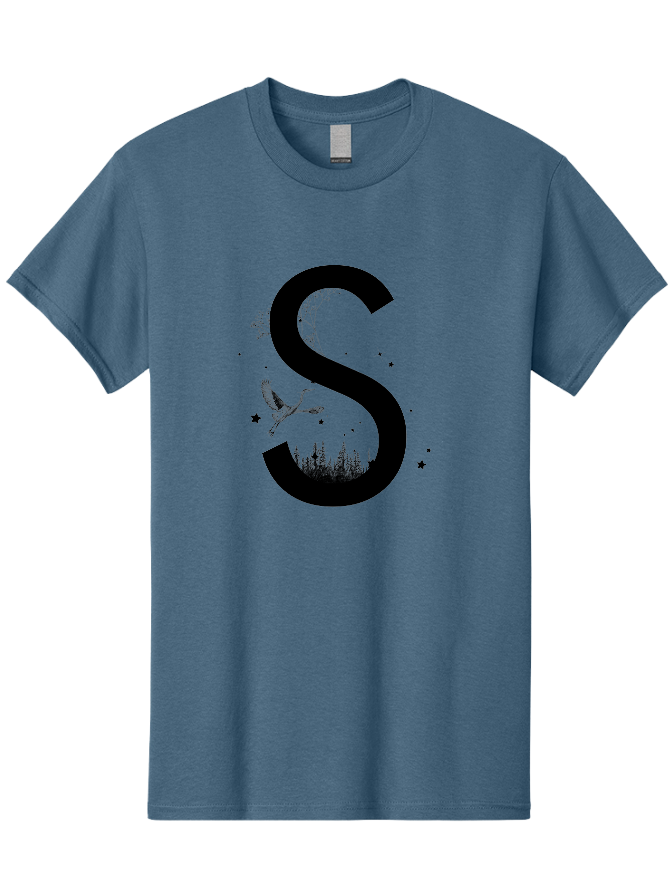 S Men'S Graphic Tee, 100% Cotton, Comfortable Casual Summer Wear, Machine Washable, Stylized Letter S, Witch On A Broomstick, Forest Landscape, Flying Bird, Mystical Stars, Whimsical Design, Fantasy Elements, Magical Atmosphere, Aac348