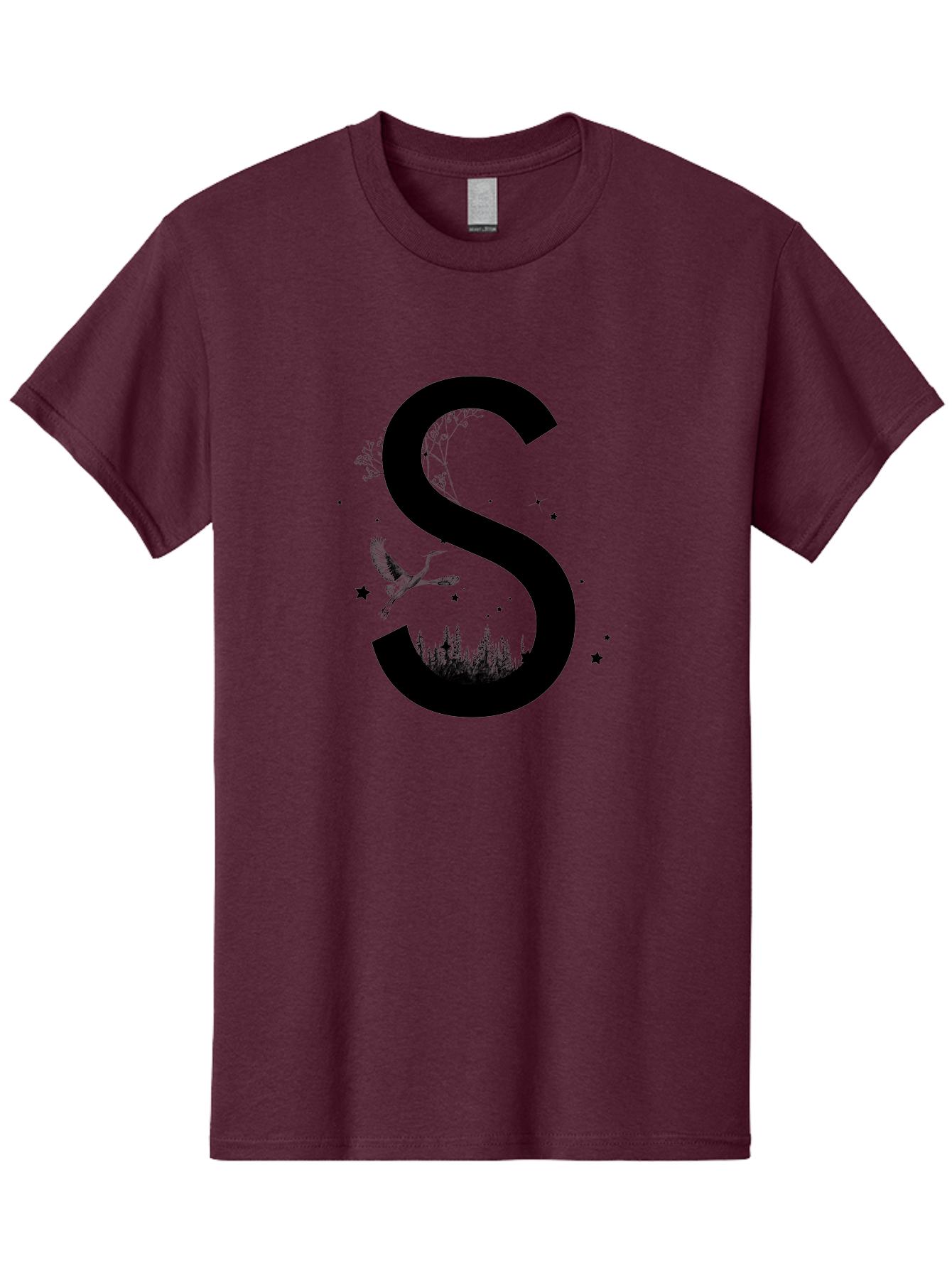 S Men'S Graphic Tee, 100% Cotton, Comfortable Casual Summer Wear, Machine Washable, Stylized Letter S, Witch On A Broomstick, Forest Landscape, Flying Bird, Mystical Stars, Whimsical Design, Fantasy Elements, Magical Atmosphere, Aac348