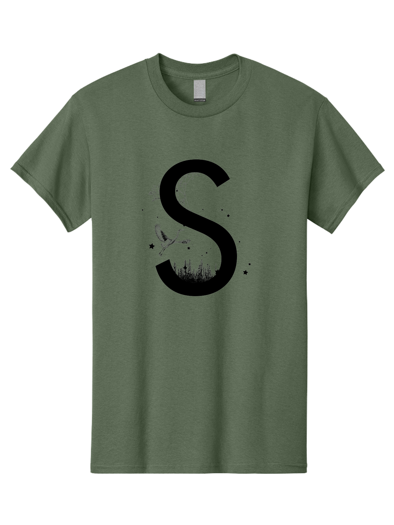 S Men'S Graphic Tee, 100% Cotton, Comfortable Casual Summer Wear, Machine Washable, Stylized Letter S, Witch On A Broomstick, Forest Landscape, Flying Bird, Mystical Stars, Whimsical Design, Fantasy Elements, Magical Atmosphere, Aac348