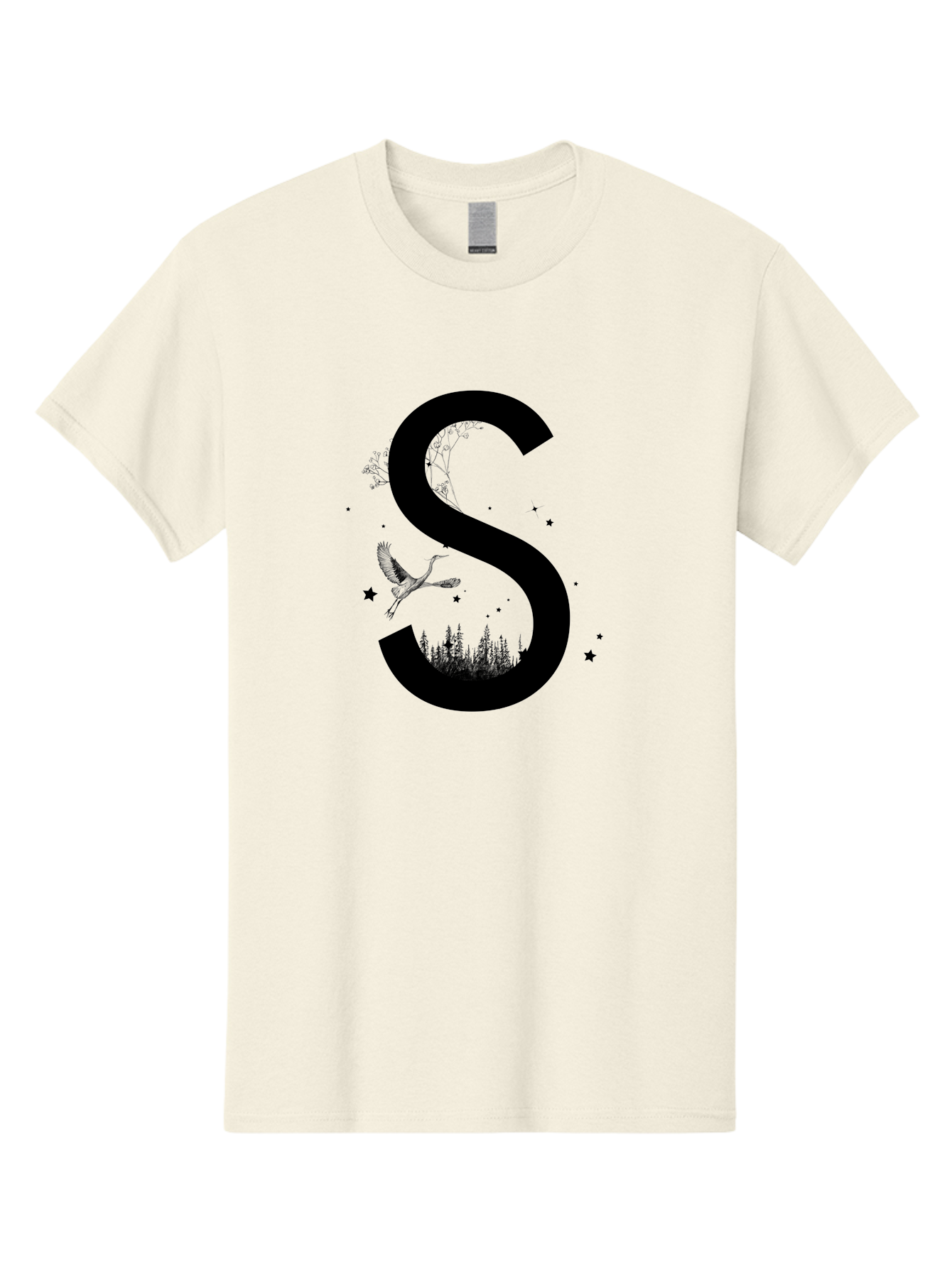 S Men'S Graphic Tee, 100% Cotton, Comfortable Casual Summer Wear, Machine Washable, Stylized Letter S, Witch On A Broomstick, Forest Landscape, Flying Bird, Mystical Stars, Whimsical Design, Fantasy Elements, Magical Atmosphere, Aac348