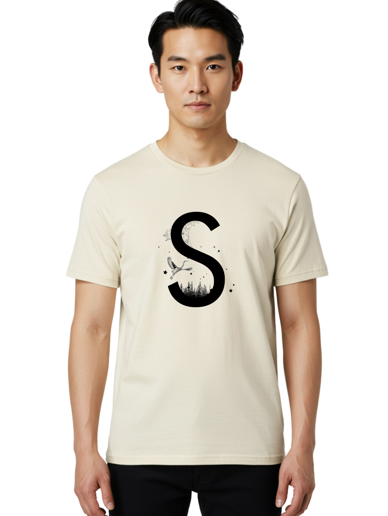 S Men'S Graphic Tee, 100% Cotton, Comfortable Casual Summer Wear, Machine Washable, Stylized Letter S, Witch On A Broomstick, Forest Landscape, Flying Bird, Mystical Stars, Whimsical Design, Fantasy Elements, Magical Atmosphere, Aac348