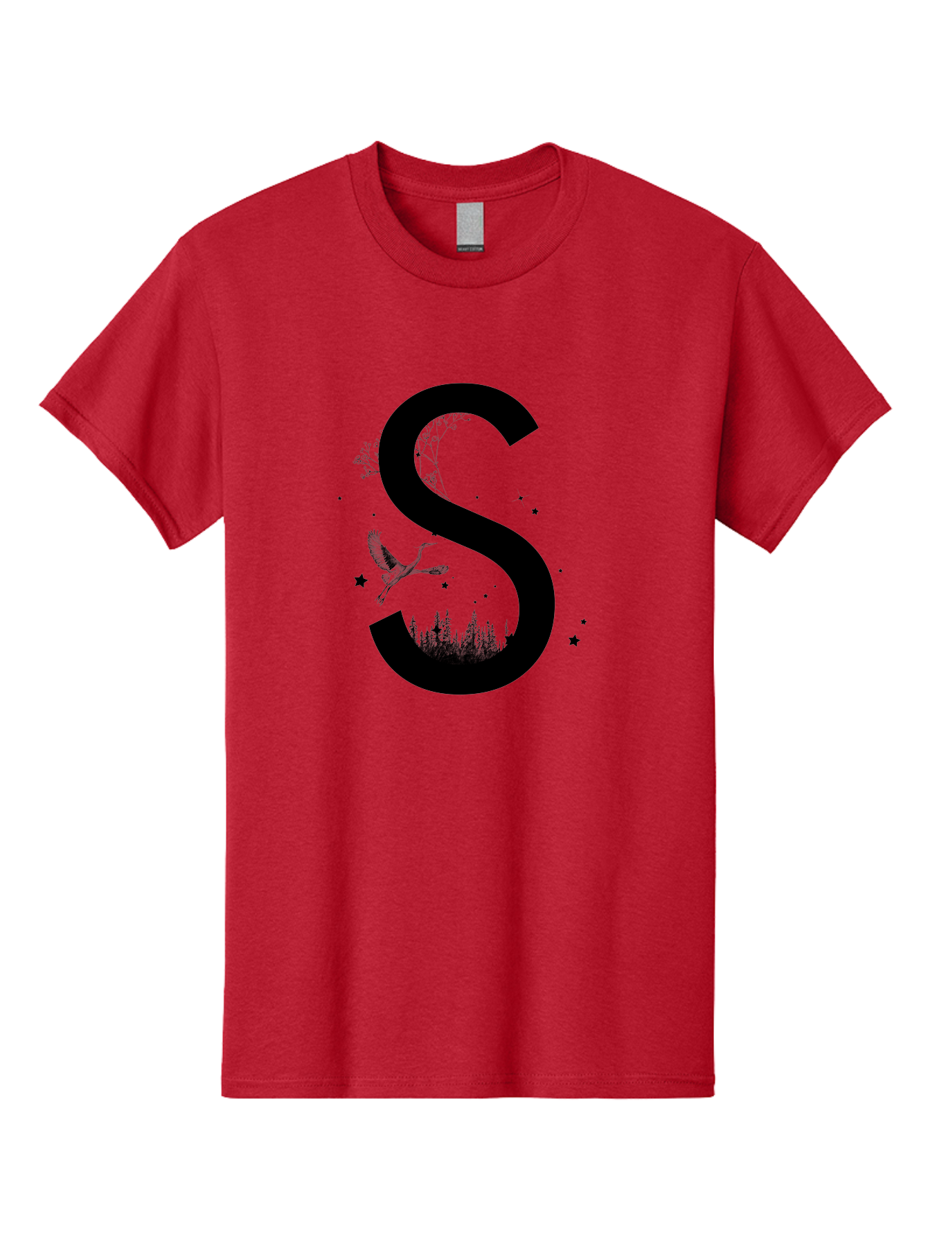 S Men'S Graphic Tee, 100% Cotton, Comfortable Casual Summer Wear, Machine Washable, Stylized Letter S, Witch On A Broomstick, Forest Landscape, Flying Bird, Mystical Stars, Whimsical Design, Fantasy Elements, Magical Atmosphere, Aac348