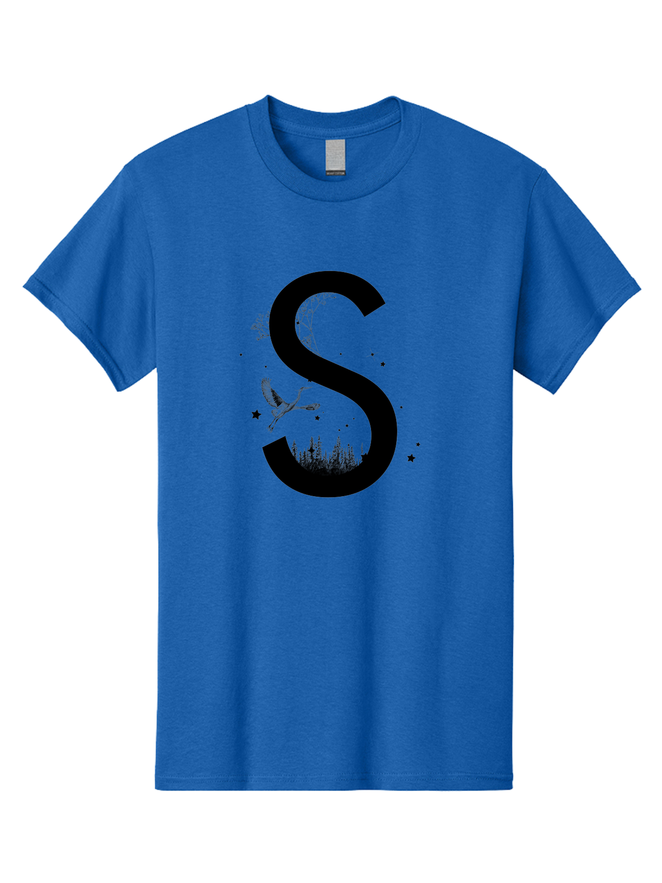 S Men'S Graphic Tee, 100% Cotton, Comfortable Casual Summer Wear, Machine Washable, Stylized Letter S, Witch On A Broomstick, Forest Landscape, Flying Bird, Mystical Stars, Whimsical Design, Fantasy Elements, Magical Atmosphere, Aac348