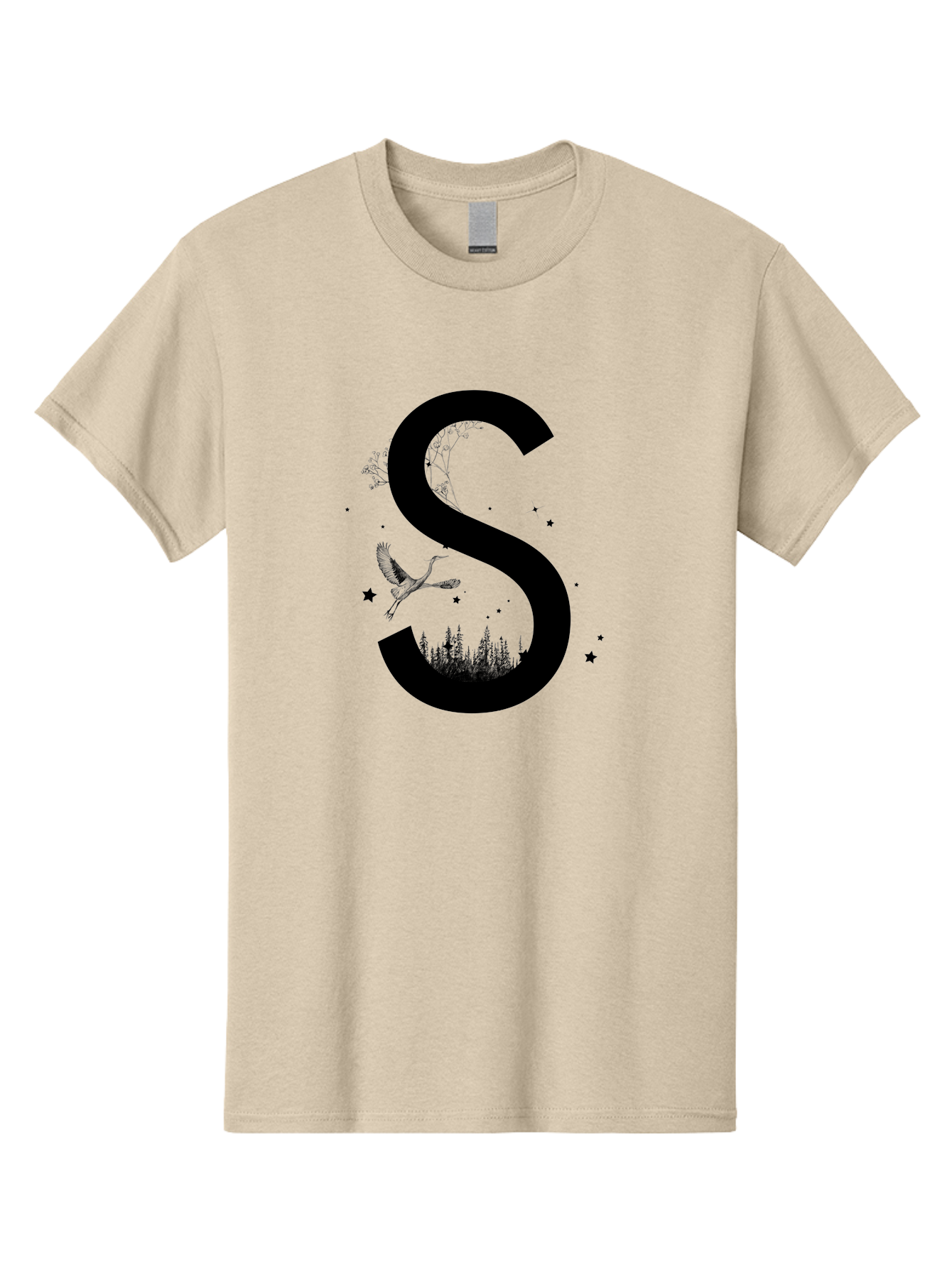 S Men'S Graphic Tee, 100% Cotton, Comfortable Casual Summer Wear, Machine Washable, Stylized Letter S, Witch On A Broomstick, Forest Landscape, Flying Bird, Mystical Stars, Whimsical Design, Fantasy Elements, Magical Atmosphere, Aac348
