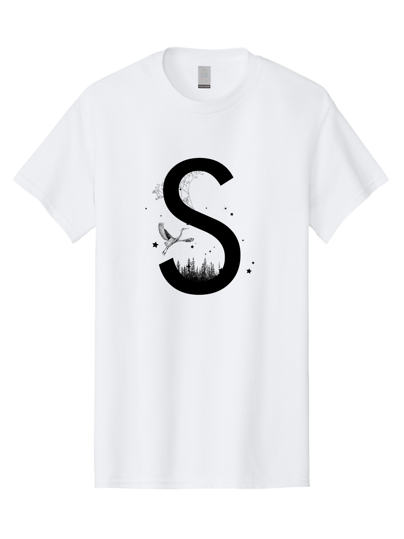 S Men'S Graphic Tee, 100% Cotton, Comfortable Casual Summer Wear, Machine Washable, Stylized Letter S, Witch On A Broomstick, Forest Landscape, Flying Bird, Mystical Stars, Whimsical Design, Fantasy Elements, Magical Atmosphere, Aac348