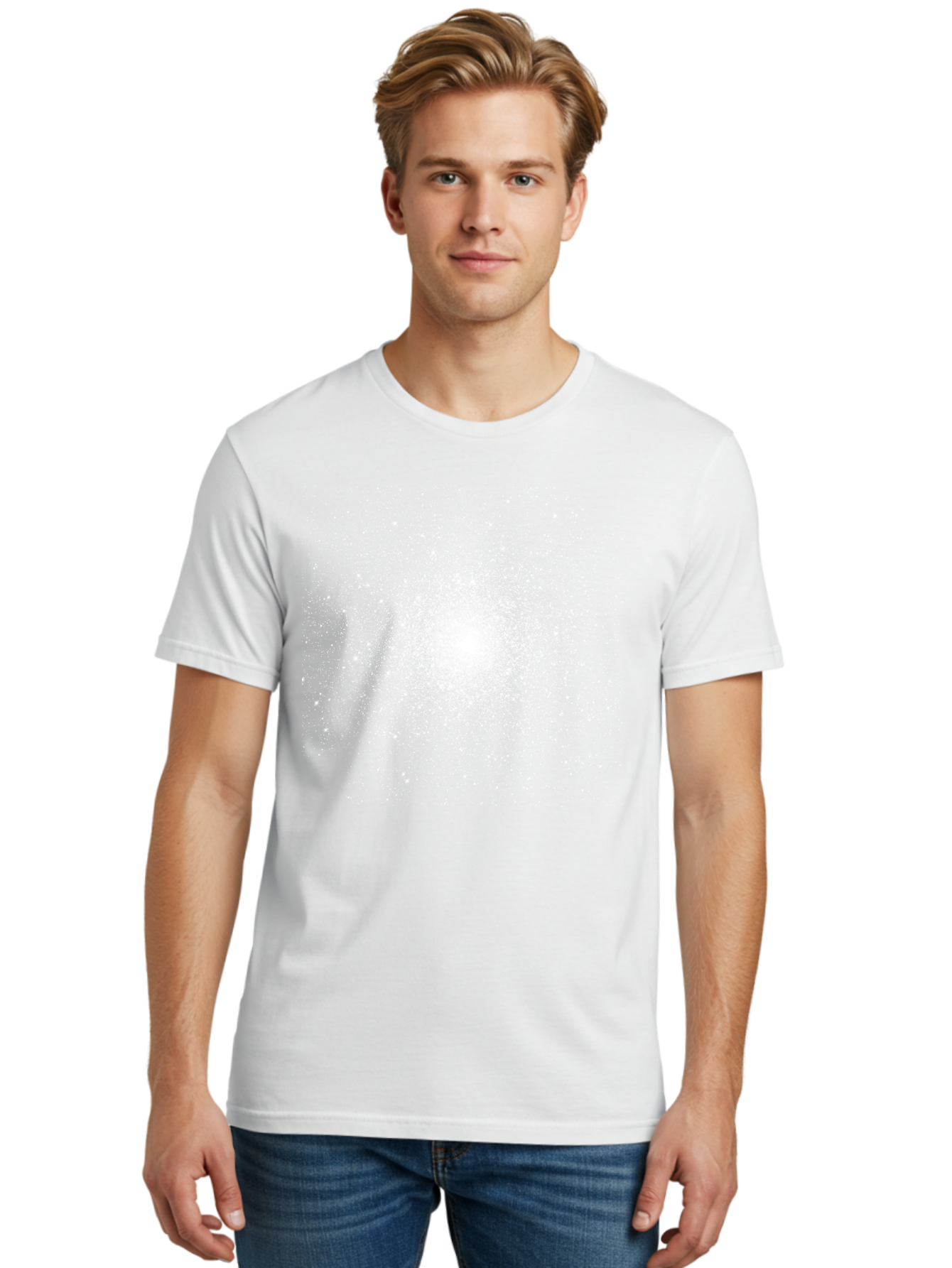 Star-Burst Men'S Graphic Tee, 100% Cotton, Comfortable Casual Summer Wear, Machine Washable, White Speckles, Burst Effect, Abstract Design, Light Particles, Glowing Center, Visual Effect, Motion Blur, Sparkling Dots Aac352