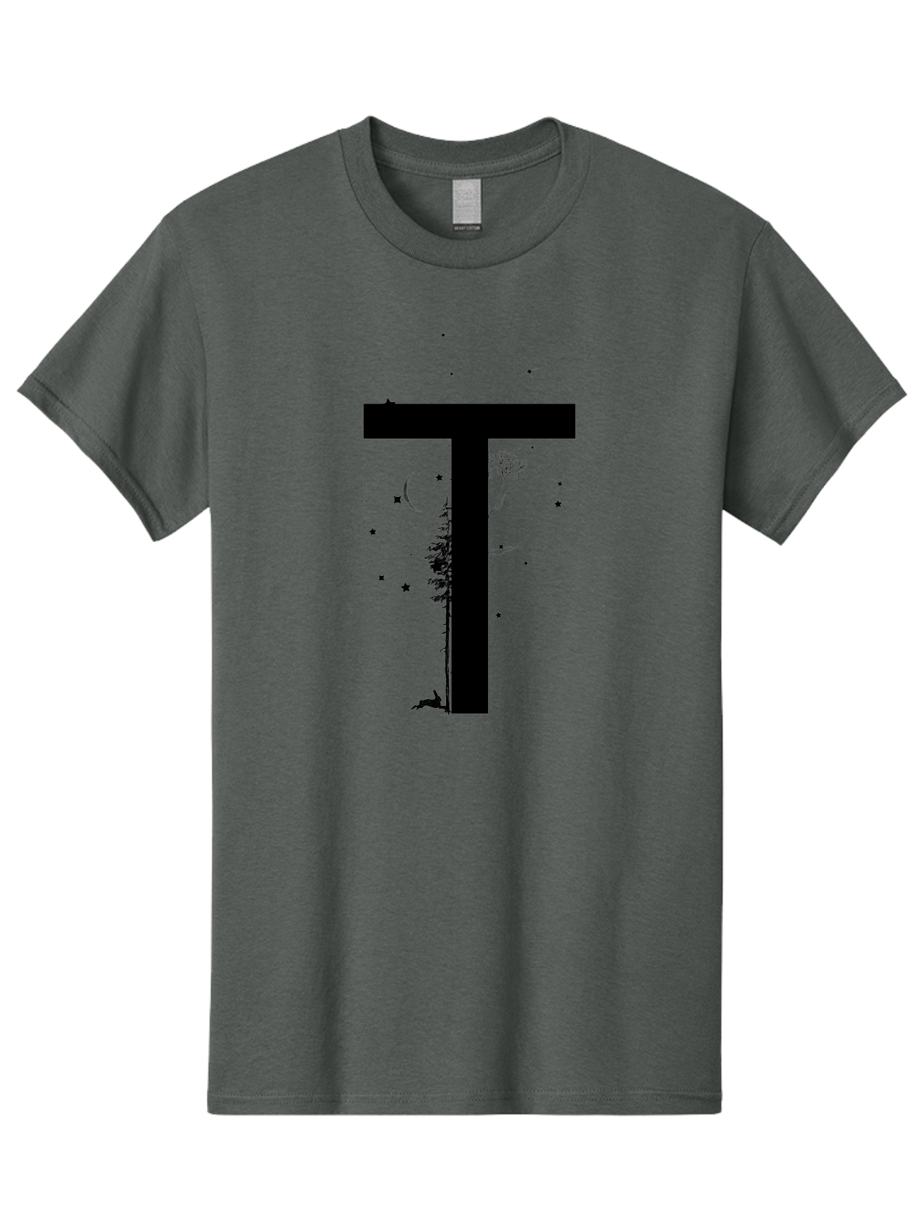 T Men'S Graphic Tee, 100% Cotton, Comfortable Casual Summer Wear, Machine Washable, Typographic Illustration, Letter T, Nature-Inspired Design, Trees, Dandelion, Stars, Moon, Wildlife, Deer, Creative Typography, Fantasy Elements, Aac353