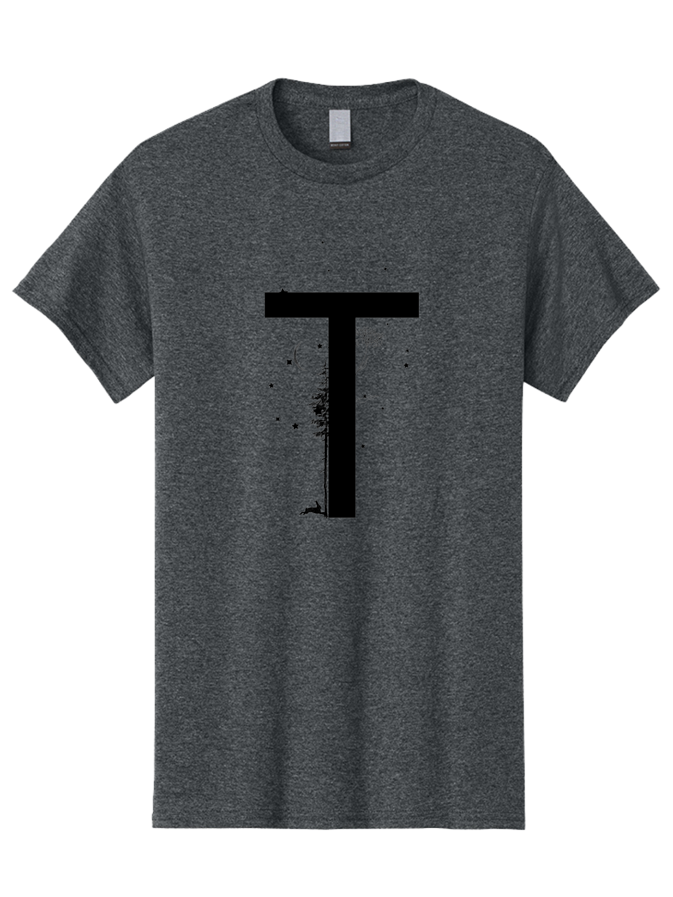 T Men'S Graphic Tee, 100% Cotton, Comfortable Casual Summer Wear, Machine Washable, Typographic Illustration, Letter T, Nature-Inspired Design, Trees, Dandelion, Stars, Moon, Wildlife, Deer, Creative Typography, Fantasy Elements, Aac353