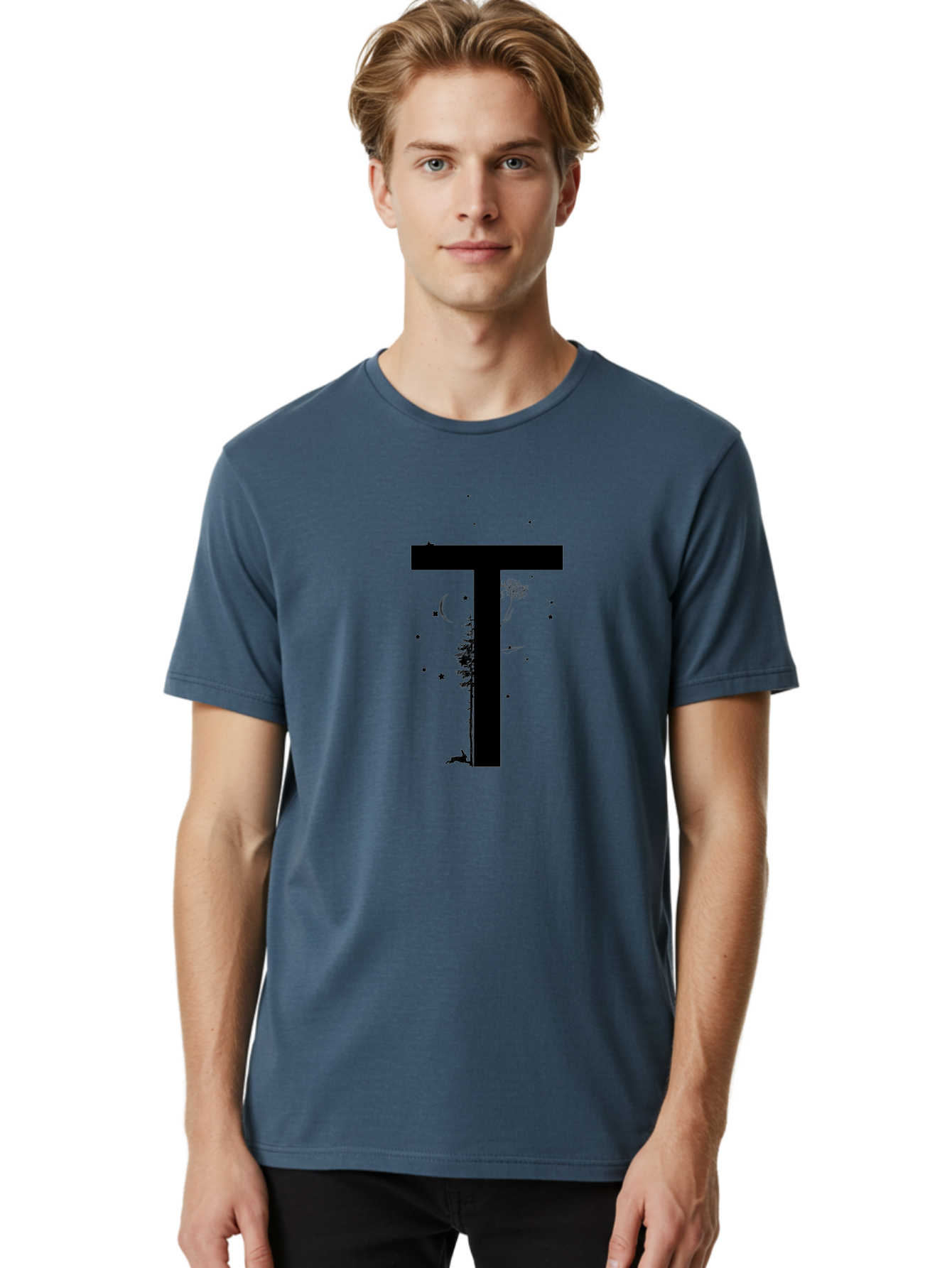 T Men'S Graphic Tee, 100% Cotton, Comfortable Casual Summer Wear, Machine Washable, Typographic Illustration, Letter T, Nature-Inspired Design, Trees, Dandelion, Stars, Moon, Wildlife, Deer, Creative Typography, Fantasy Elements, Aac353