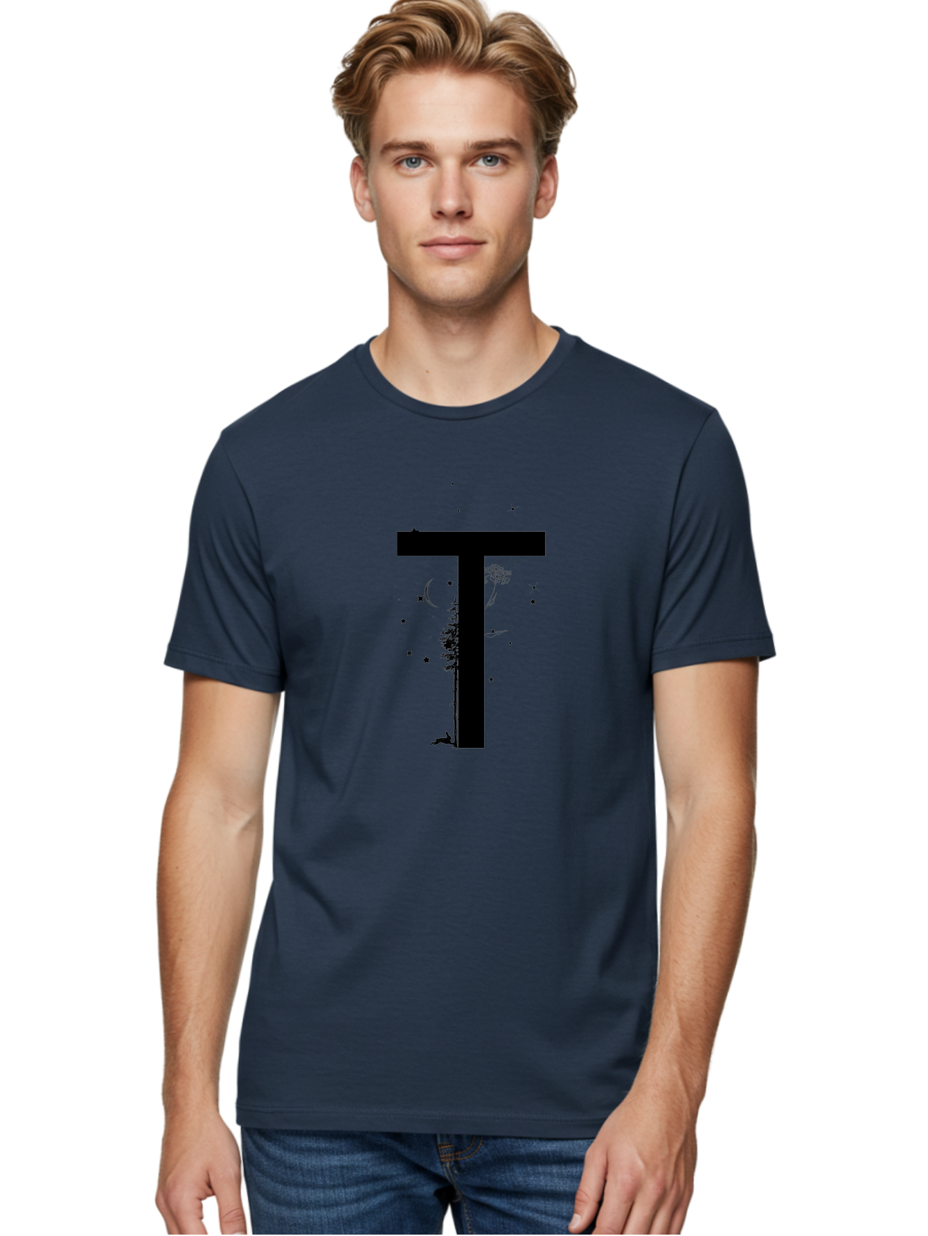 T Men'S Graphic Tee, 100% Cotton, Comfortable Casual Summer Wear, Machine Washable, Typographic Illustration, Letter T, Nature-Inspired Design, Trees, Dandelion, Stars, Moon, Wildlife, Deer, Creative Typography, Fantasy Elements, Aac353