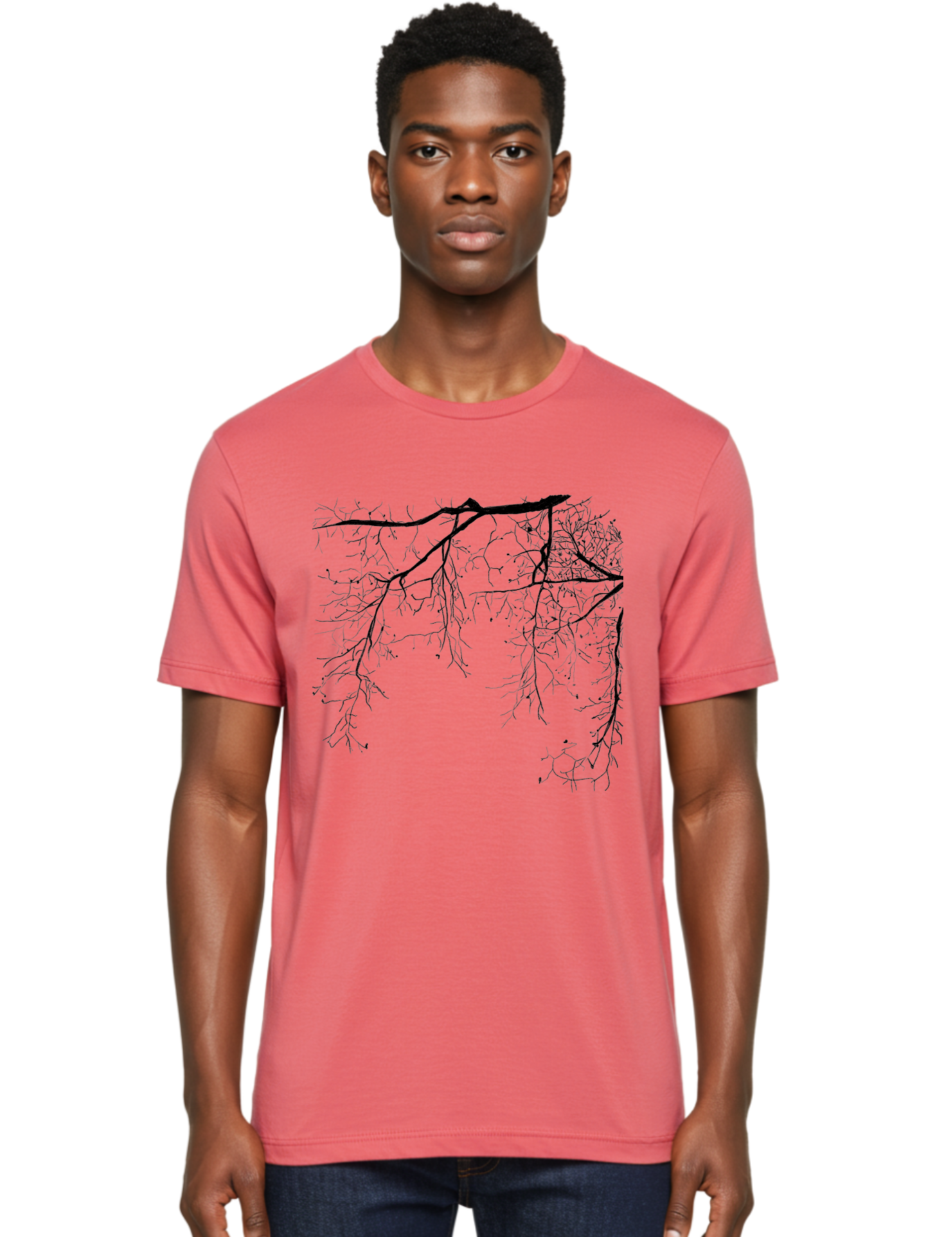 Tree-Branches Men'S Graphic Tee, 100% Cotton, Comfortable Casual Summer Wear, Machine Washable, Bare Tree Branches, Black Silhouettes, Intricate Patterns, Winter Scenery, Seasonal Change, Natural Beauty, Artistic Design Aac354