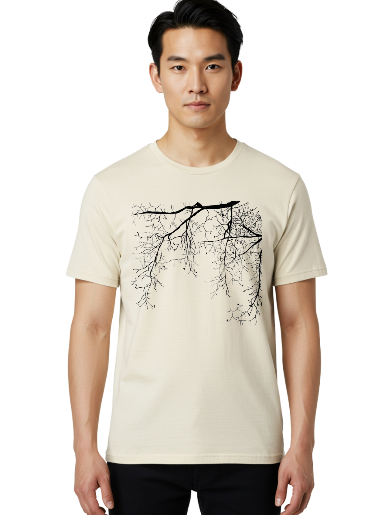 Tree-Branches Men'S Graphic Tee, 100% Cotton, Comfortable Casual Summer Wear, Machine Washable, Bare Tree Branches, Black Silhouettes, Intricate Patterns, Winter Scenery, Seasonal Change, Natural Beauty, Artistic Design Aac354