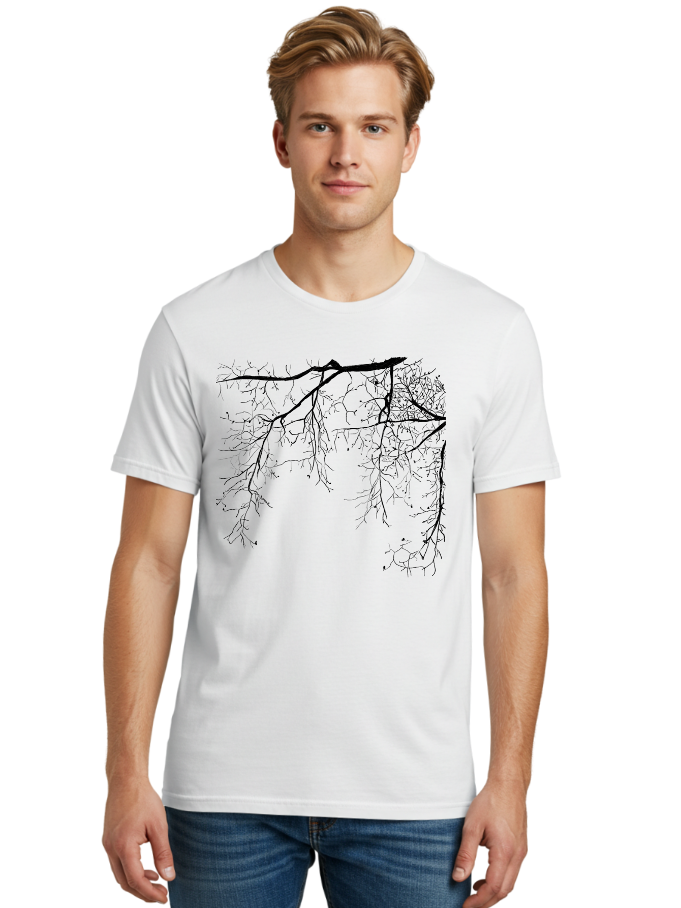 Tree-Branches Men'S Graphic Tee, 100% Cotton, Comfortable Casual Summer Wear, Machine Washable, Bare Tree Branches, Black Silhouettes, Intricate Patterns, Winter Scenery, Seasonal Change, Natural Beauty, Artistic Design Aac354
