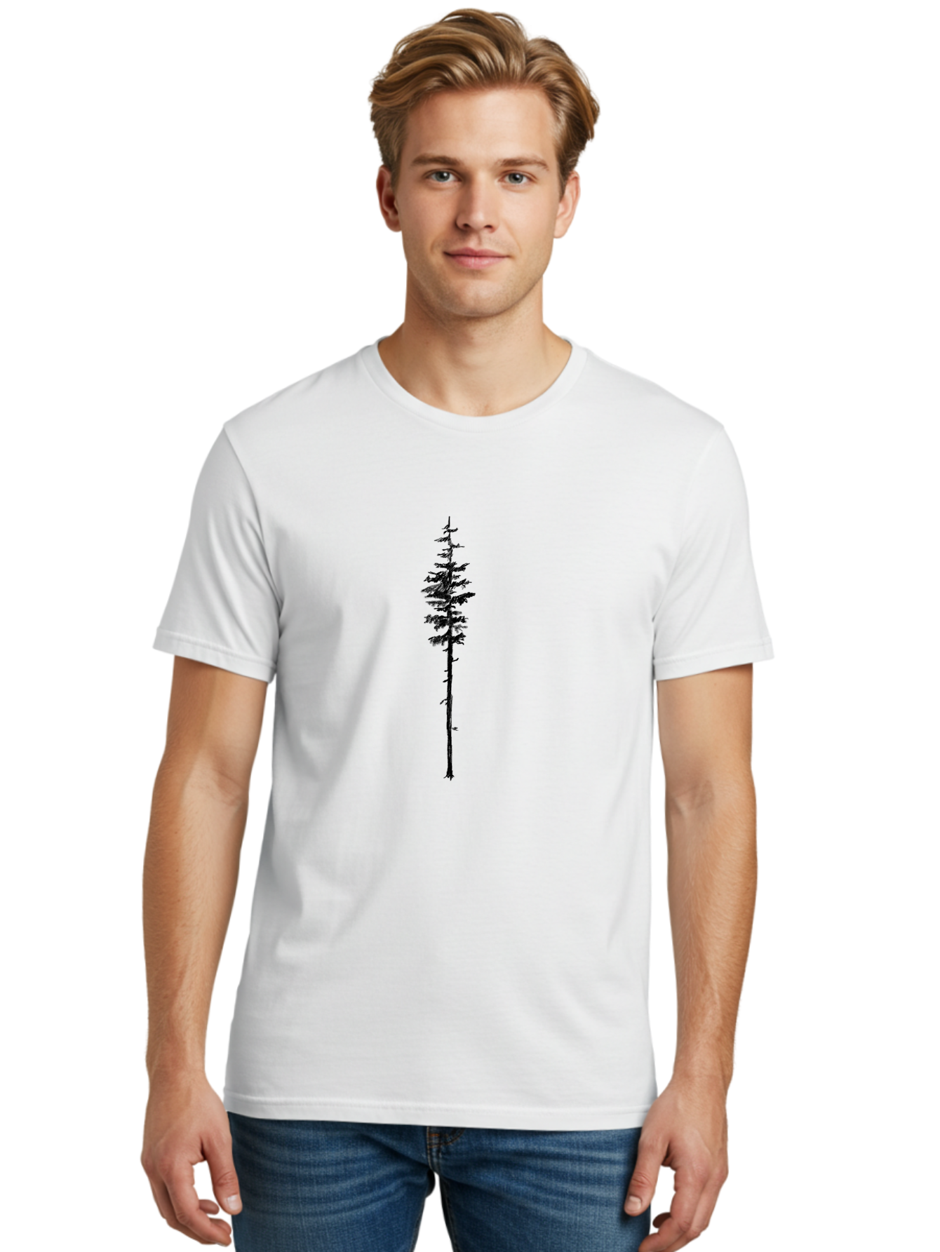 Tree-Silhouette Men'S Graphic Tee, 100% Cotton, Comfortable Casual Summer Wear, Machine Washable, Simple Tree Silhouette, Minimalist Design, Tree Branches, Leafy Top, Slender Trunk, Graphic Element, Natural Shape, Isolated Shape Aac355