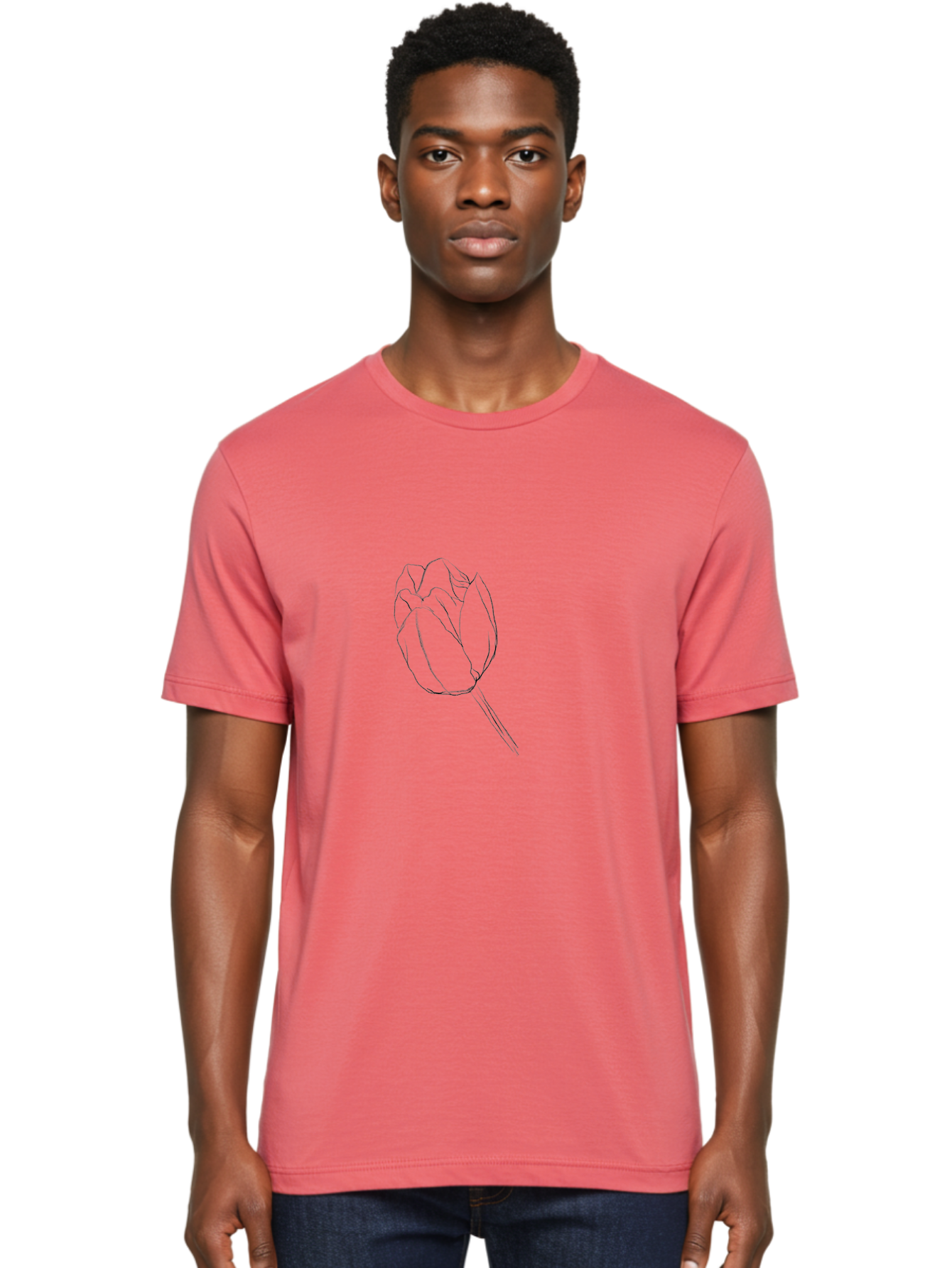 Tulip-Sketch Men'S Graphic Tee, 100% Cotton, Comfortable Casual Summer Wear, Machine Washable, Simple Line Art, Tulip Illustration, Minimalist Design, Floral Sketch, Elegant Outline, Spring Flower Aac356