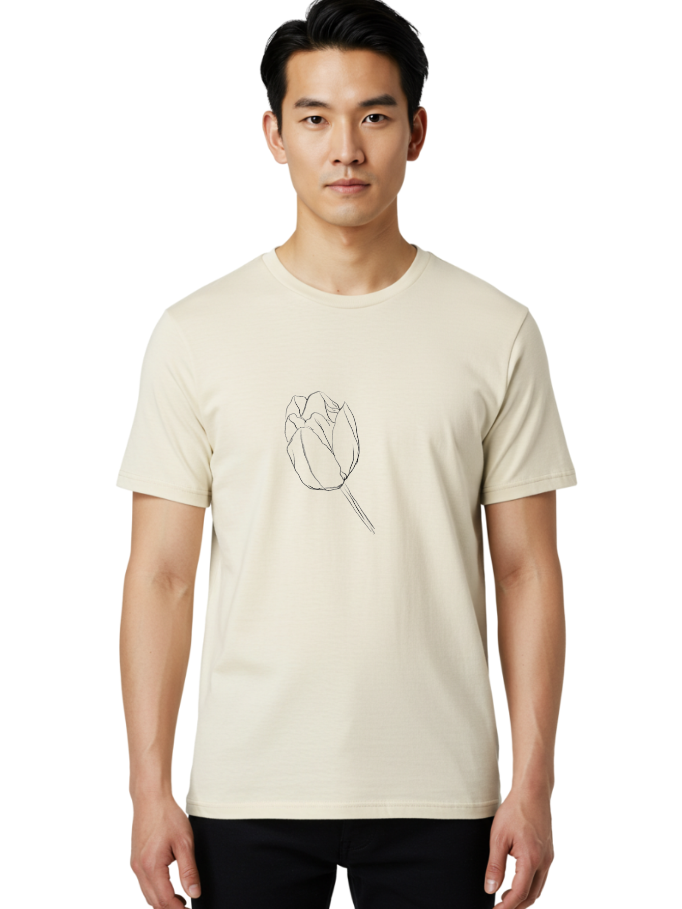 Tulip-Sketch Men'S Graphic Tee, 100% Cotton, Comfortable Casual Summer Wear, Machine Washable, Simple Line Art, Tulip Illustration, Minimalist Design, Floral Sketch, Elegant Outline, Spring Flower Aac356