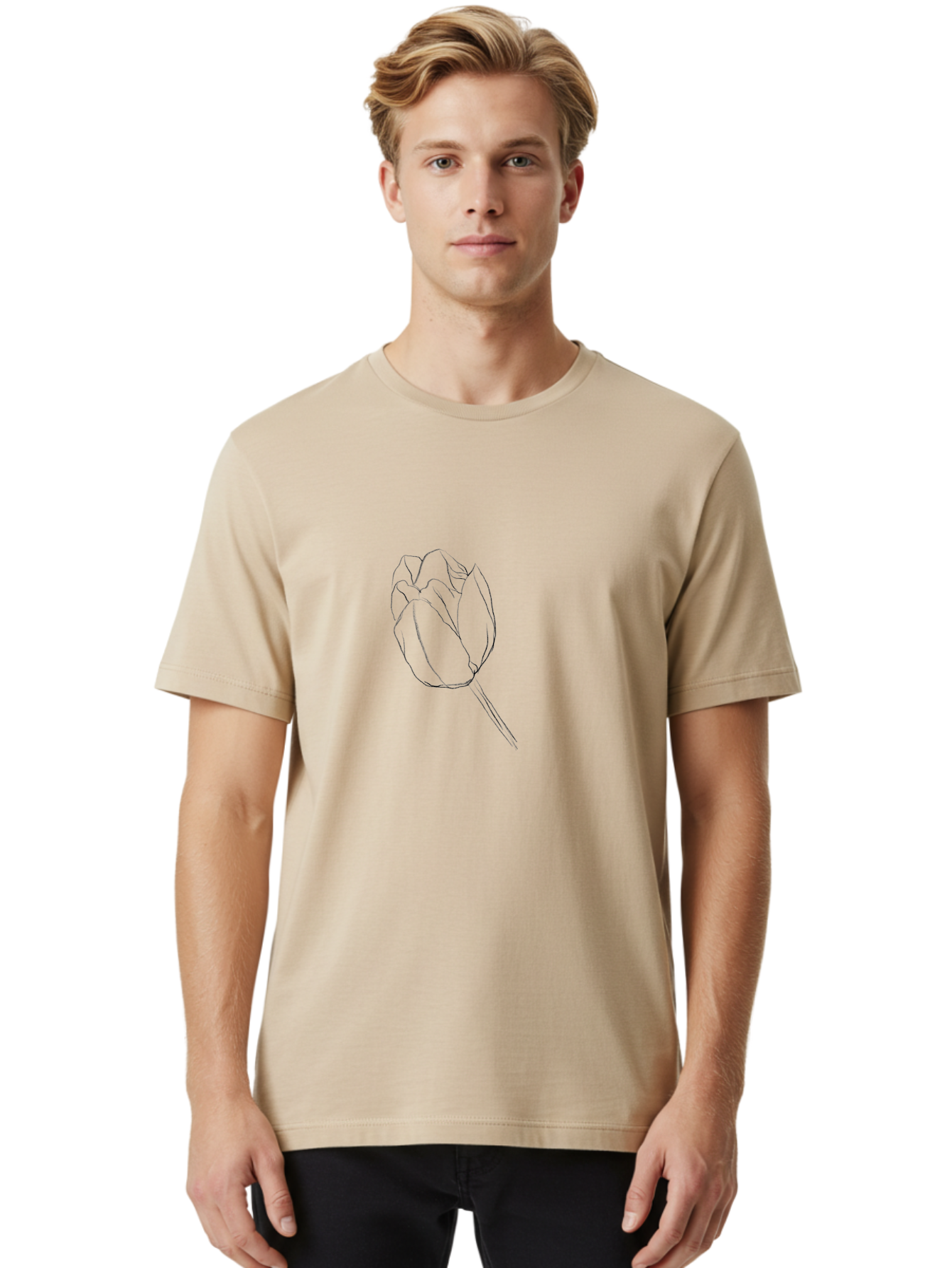 Tulip-Sketch Men'S Graphic Tee, 100% Cotton, Comfortable Casual Summer Wear, Machine Washable, Simple Line Art, Tulip Illustration, Minimalist Design, Floral Sketch, Elegant Outline, Spring Flower Aac356