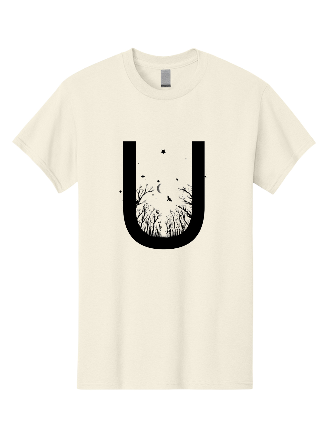 U Men'S Graphic Tee, 100% Cotton, Comfortable Casual Summer Wear, Machine Washable, Mystical Forest, Silhouette Of Trees, Crescent Moon, Starry Night Sky, Bats Flying, Magical Atmosphere, Whimsical Design, Nocturnal Scene Aac358