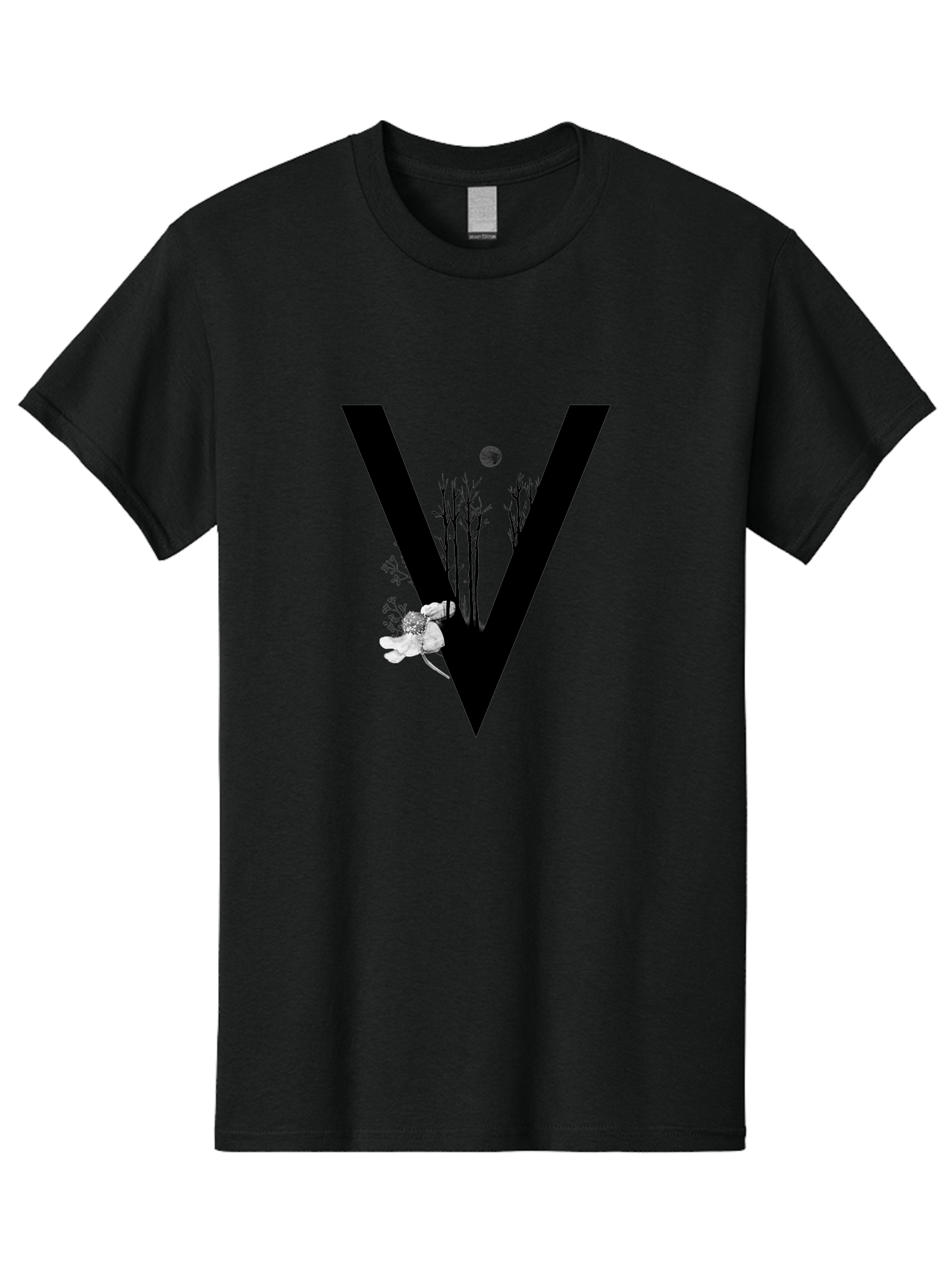 V Men'S Graphic Tee, 100% Cotton, Comfortable Casual Summer Wear, Machine Washable, Letter V, Floral Illustrations, Tree Branches, White Flowers, Dark Silhouette, Moon, Mystical Artwork, Surreal Design, Typography Art Aac359