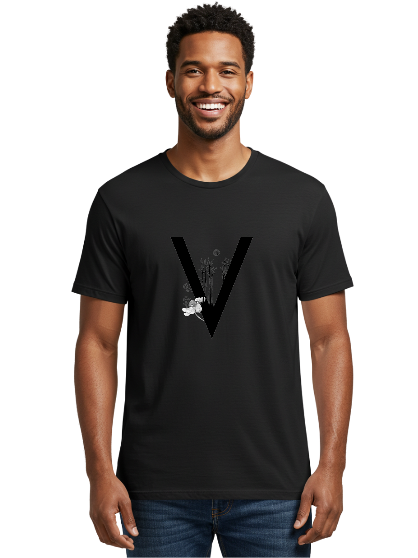 V Men'S Graphic Tee, 100% Cotton, Comfortable Casual Summer Wear, Machine Washable, Letter V, Floral Illustrations, Tree Branches, White Flowers, Dark Silhouette, Moon, Mystical Artwork, Surreal Design, Typography Art Aac359