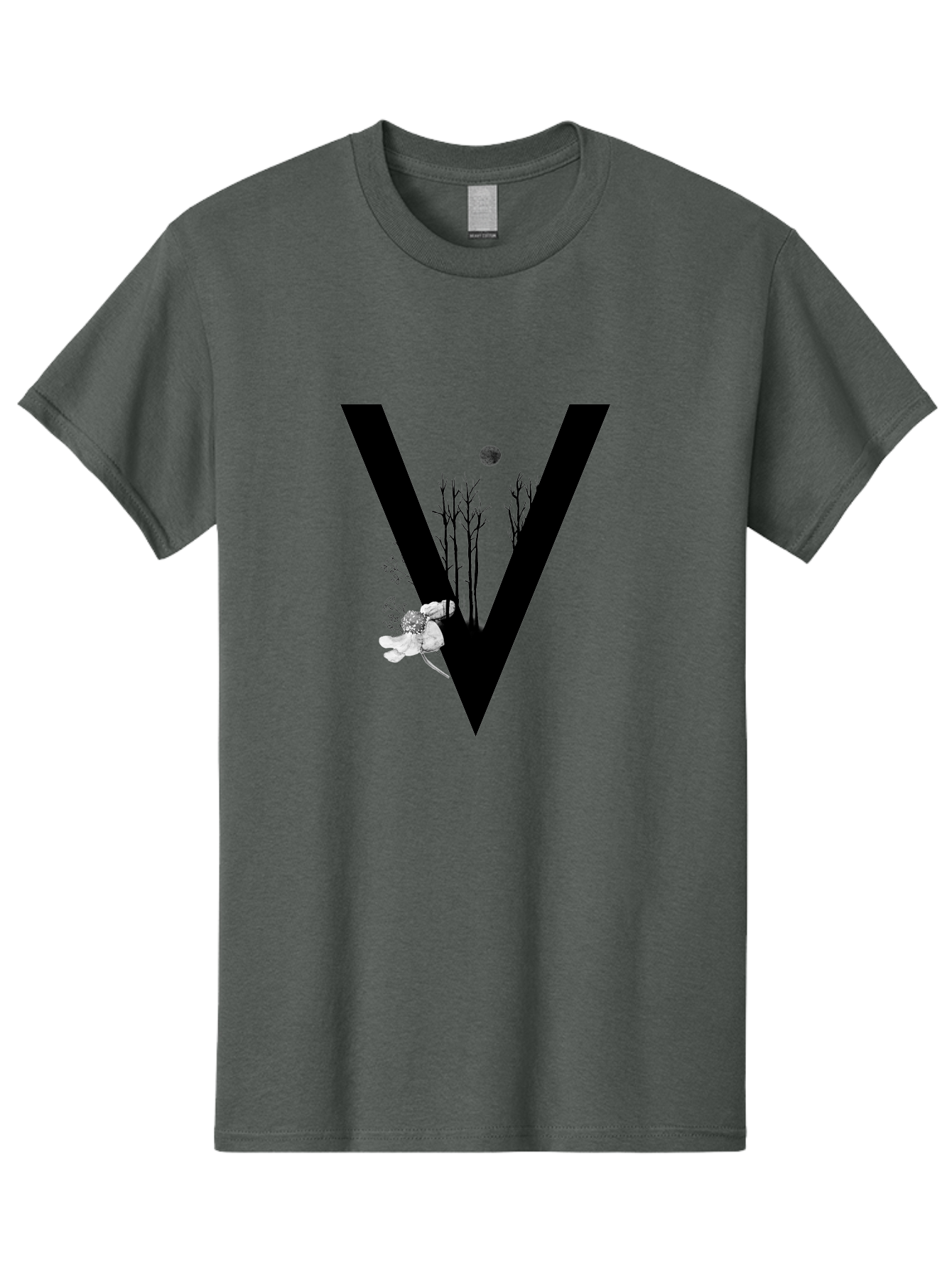 V Men'S Graphic Tee, 100% Cotton, Comfortable Casual Summer Wear, Machine Washable, Letter V, Floral Illustrations, Tree Branches, White Flowers, Dark Silhouette, Moon, Mystical Artwork, Surreal Design, Typography Art Aac359